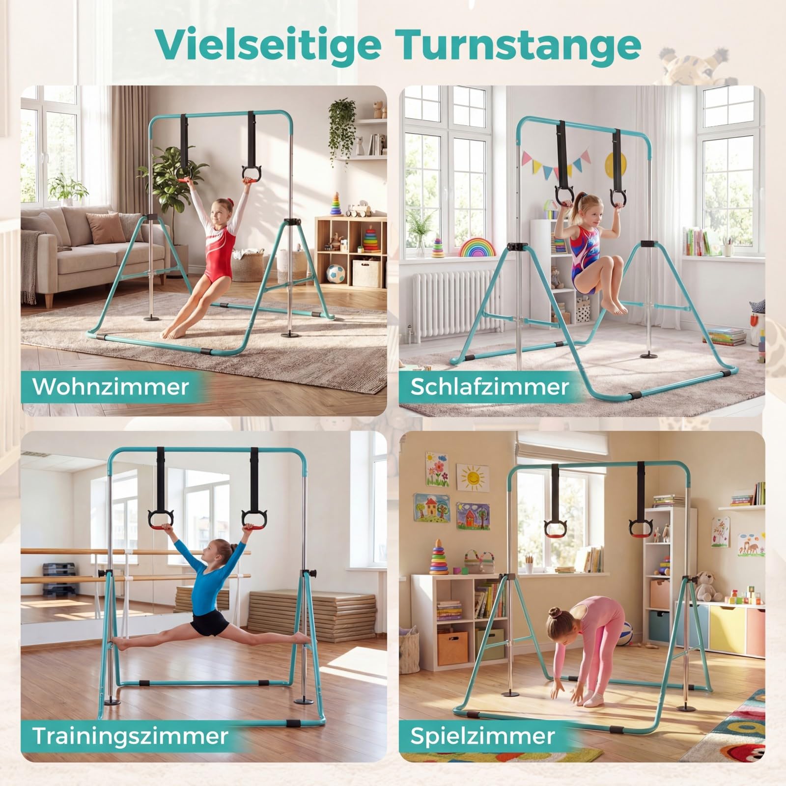 COSTWAY Gymnastikstange Kinder faltbar, Reckstange mit 4 Verstellbarer Höhen & Turnringe, horizontale Turnstange für Indoor & Outdoor, Turnreck erweiterbar für Kinder von 3-12 Jahren
