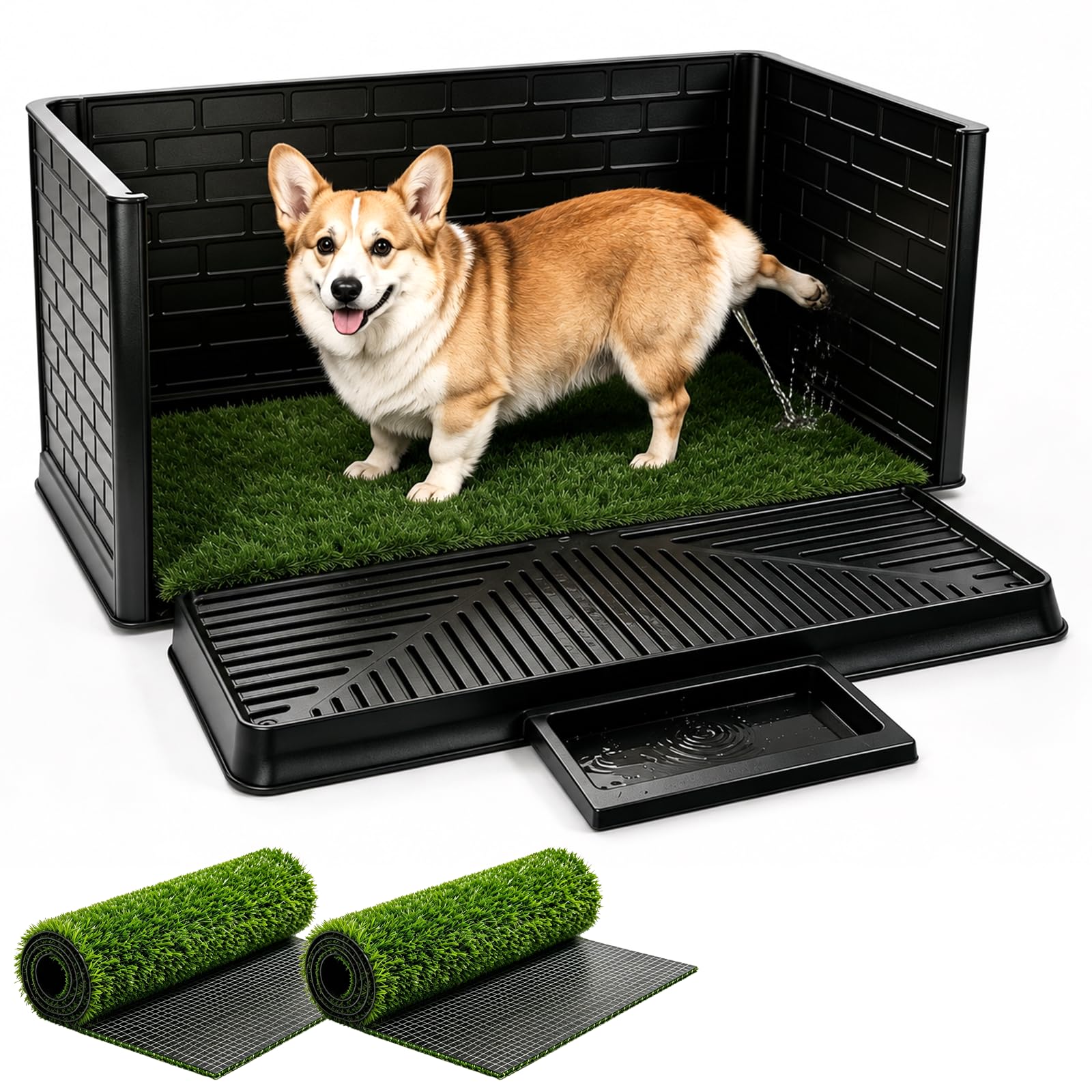 Dog Toilet Tray with Grass, Puppy Training Toilet with 3-Sided Splash Guard, 2 Reusable Artificial Grass Mats, Drainage & Urine Collection Tray, Indoor Pet Pad for Small Dogs (30×20×14 in)