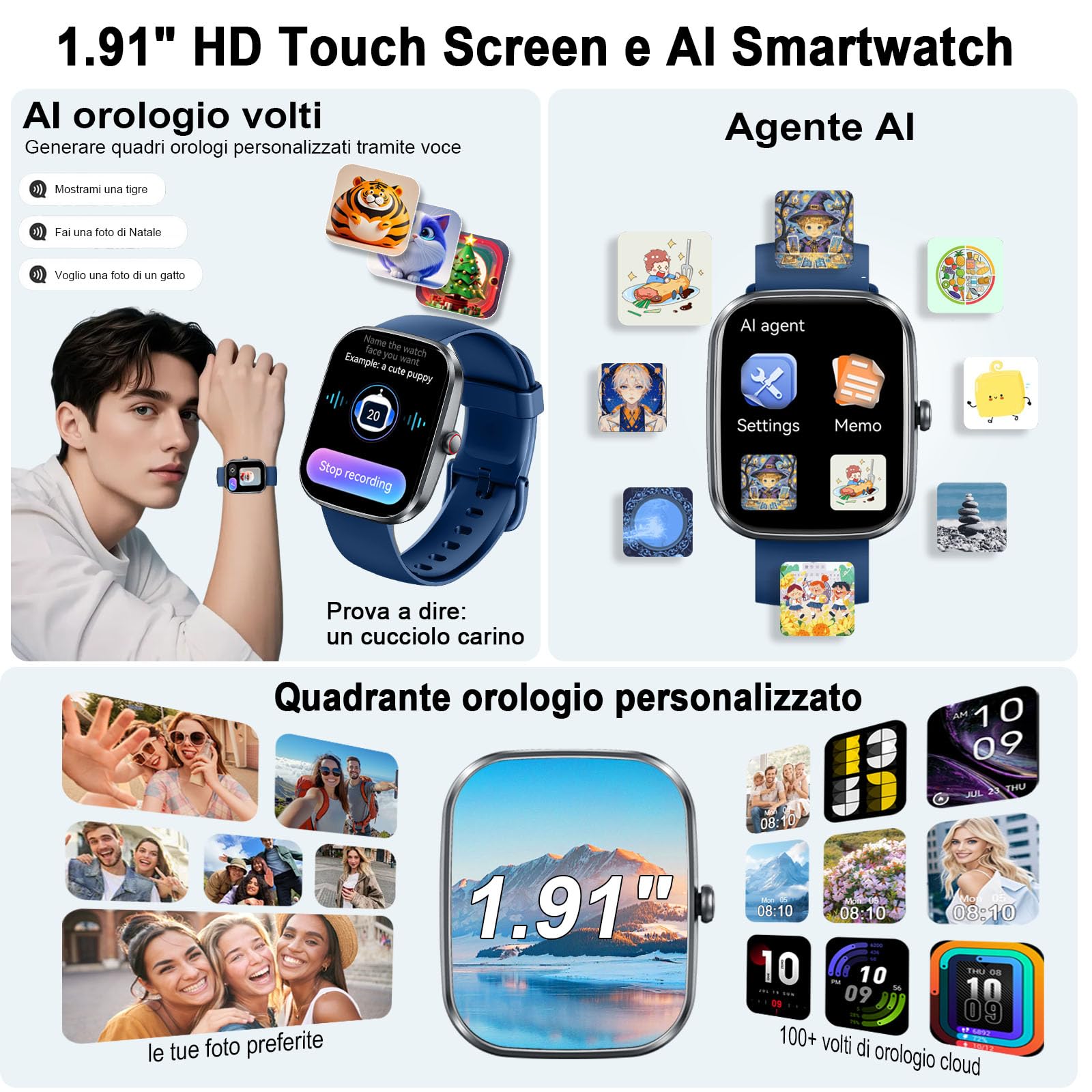 Uaue AI Smartwatch Uomo Donna, 2025 Nuova Fitness Tracker Orologio con Voce AI/Quadrante AI, Chiamate Bluetooth/Cardiofrequenzimetro/Contapassi/Sonno/115+ Sportive, 1.91" Smart Watch Impermeabile IP68