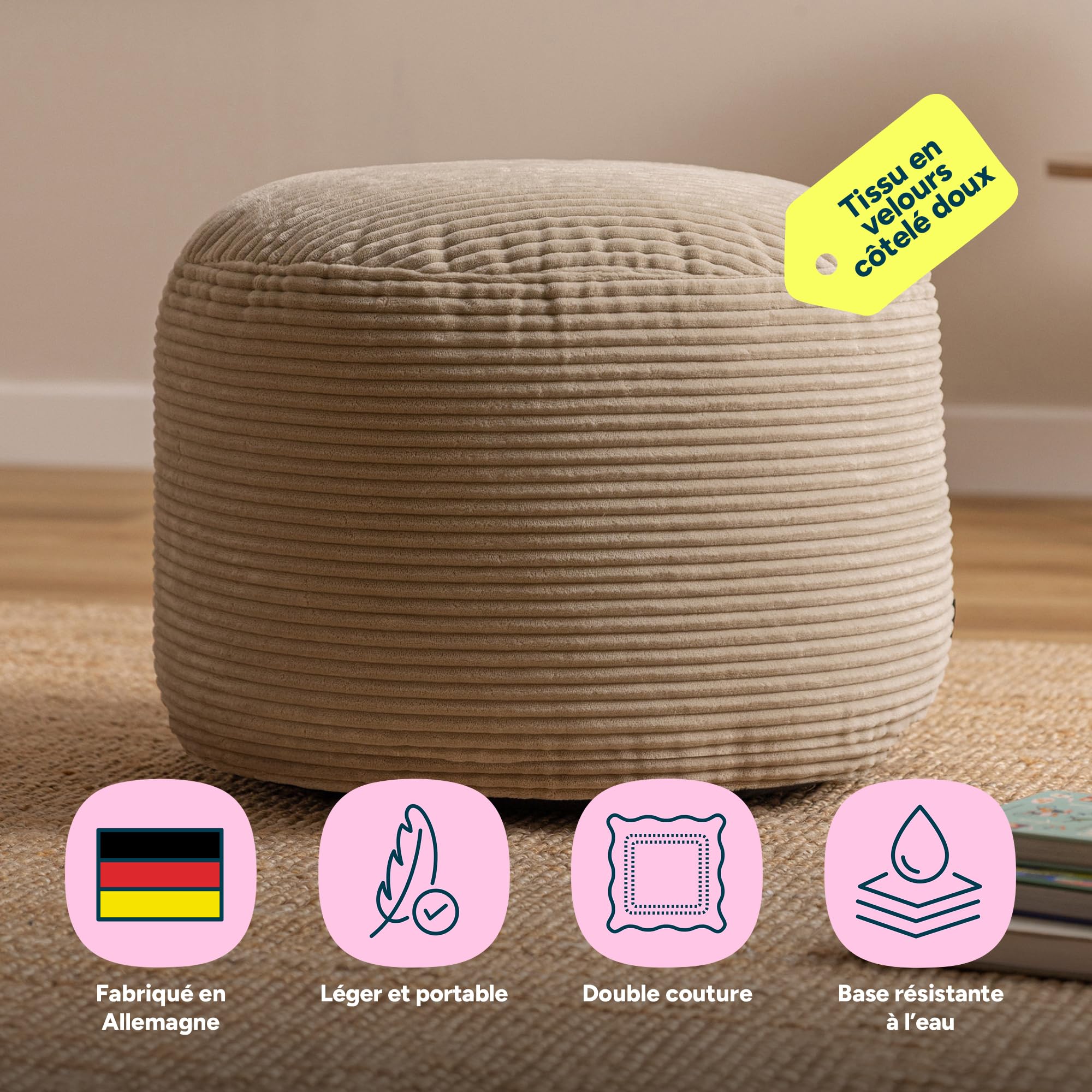 Icon Milano Velours Côtelé Tabouret, Pouf Rond avec Remplissage, Beige
