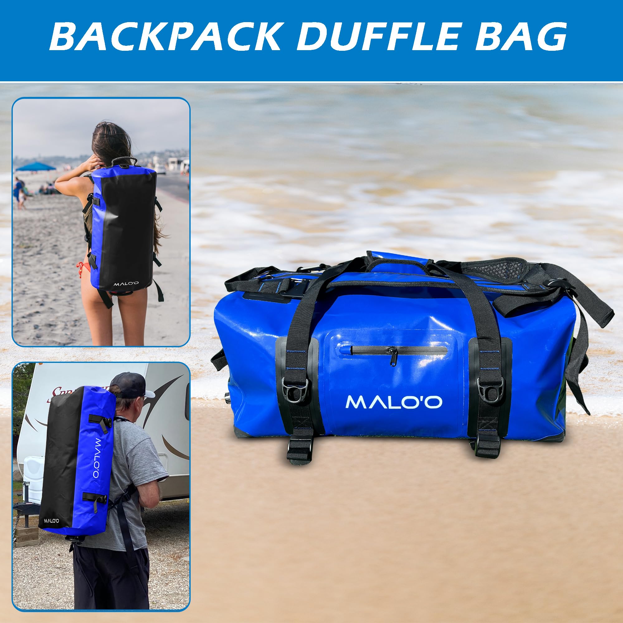 Malo'o Airtight Waterproof Adventure Duffle - Ideal for Kayaking, Camping, Beach, Fishing, Boating, Hiking - Water-Tight Zipper