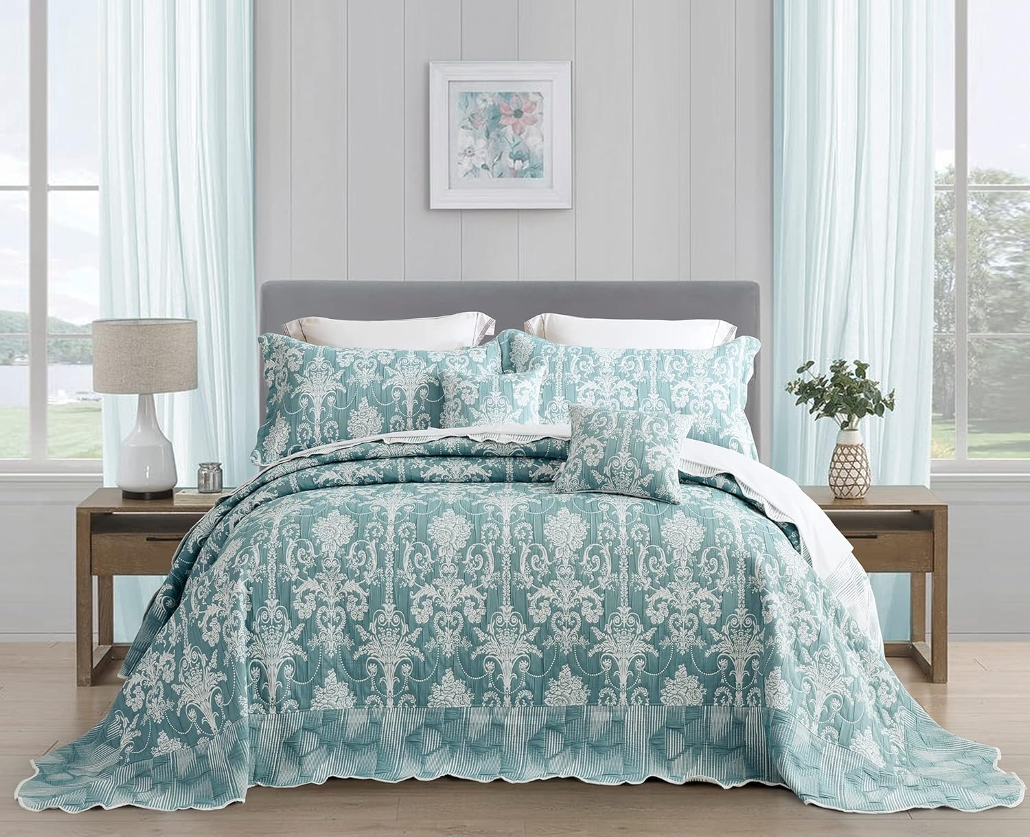 Oversized King Bedspread 128x120 Extra Wide, Jacquard Matelasse Damask Pattern Design, Lightweight, Reversible, 5 Piece, 100% Microfiber, Green - Image 2