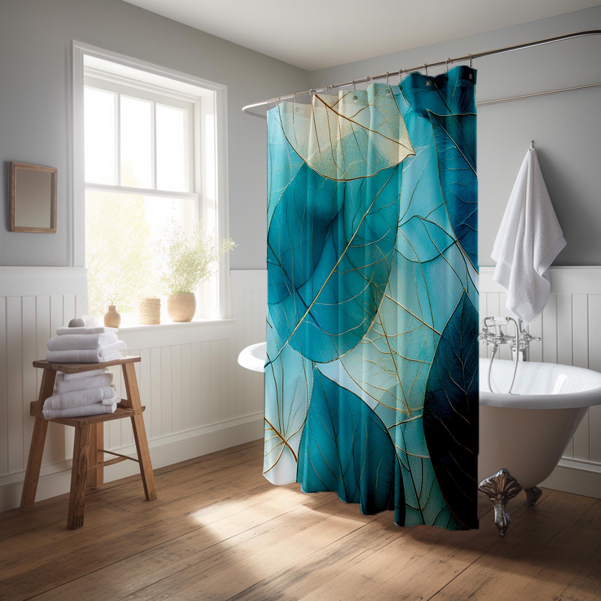 Turkusowa zasłona prysznicowa z motywem liścia wodoodporna tkanina dekoracja łazienki, elegancki botaniczny design do nowoczesnej łazienki, sztuka abstrakcyjna (280 x 200 cm / 110x79in (szer