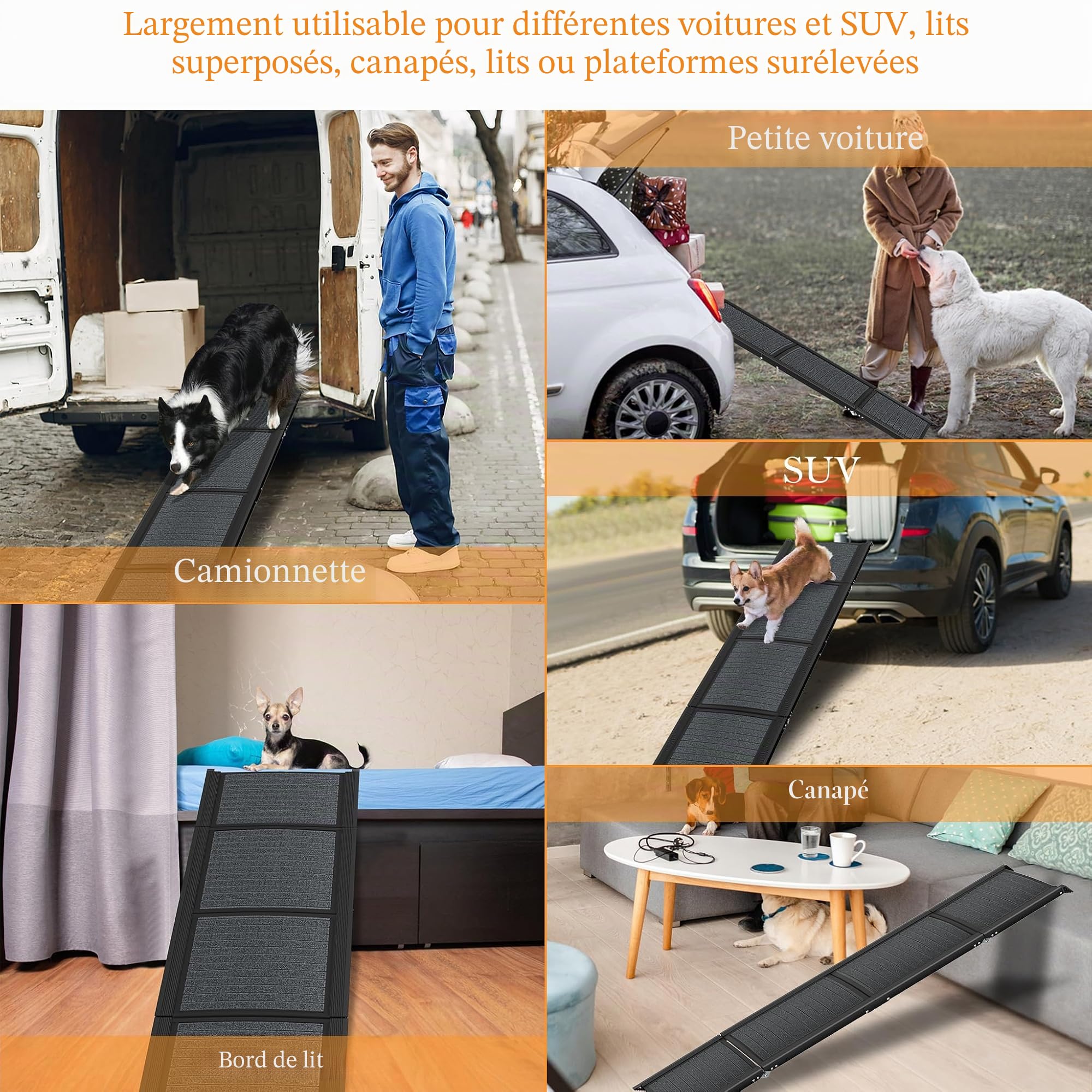 XMTECH Rampe de coffre pliable pour chien - 157 cm - Pour voitures, camions et SUV - Jusqu'à 110 kg - Légèrement stable et antidérapante - Noir