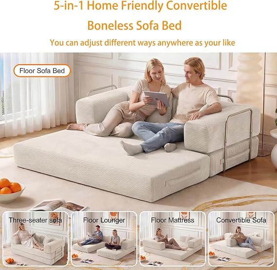 Vipbear 160cm Boneless Couch with Foam & Springs for Bedroom,White | Corduroy,5-in-1 Convertible