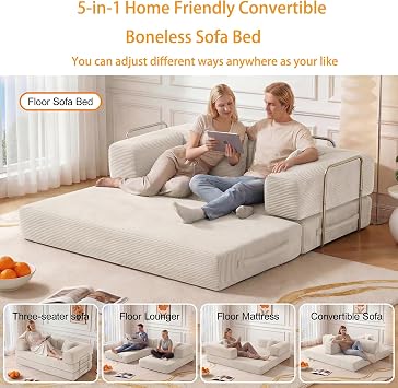 Vipbear 160cm Boneless Couch with Foam & Springs for Bedroom,White | Corduroy,5-in-1 Convertible