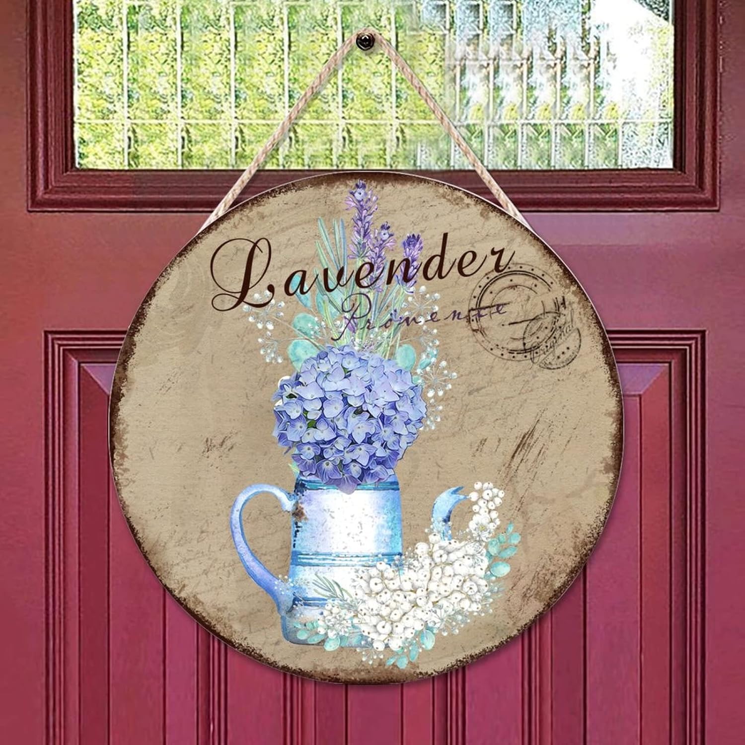 Custom Calligraphy Wall Hanging Sign Plaque, Lavender Wood Door Sign, Vintage 16x16in Front Door Round Wood Sign Farmhouse Backyard Door Hanger Wall Decor Housewarming Gifts