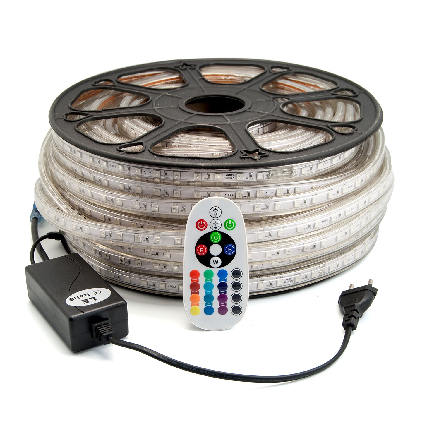 35 Meter 230V LED RGB mehrfarbig Strip Lichtband flexband mit 60x 5050 SMD pro Meter - für innen und Außen Wasserfest mit Fernbedienung