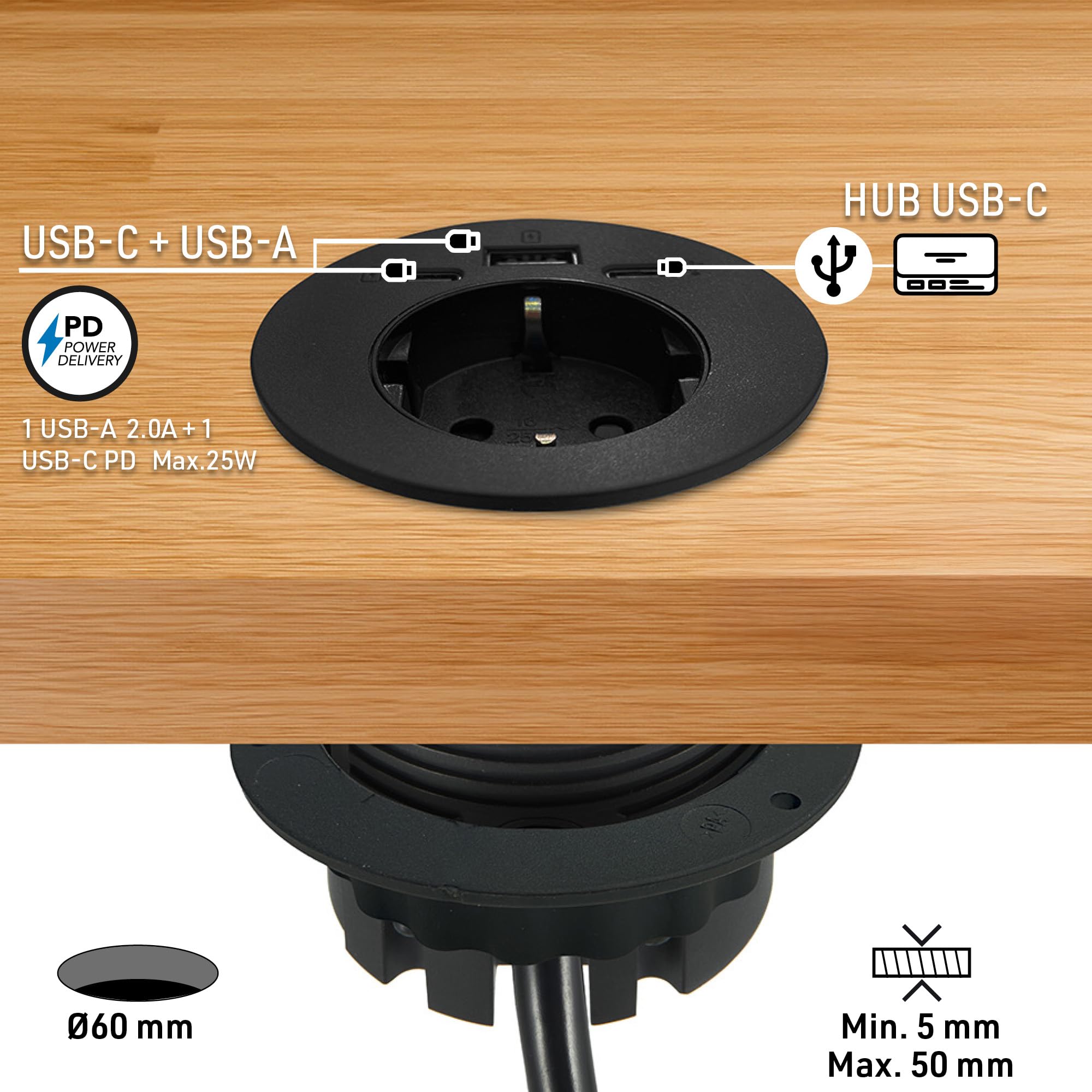 Electraline 62588 Multi-Socket Escritorio/Mesa empotrada arandela con alimentación 25W 3 USB 25W (2 USB Tipo C + 1 USB Tipo A) 2M, D60mm, 1 Toma Schuko + Enchufe Schuko