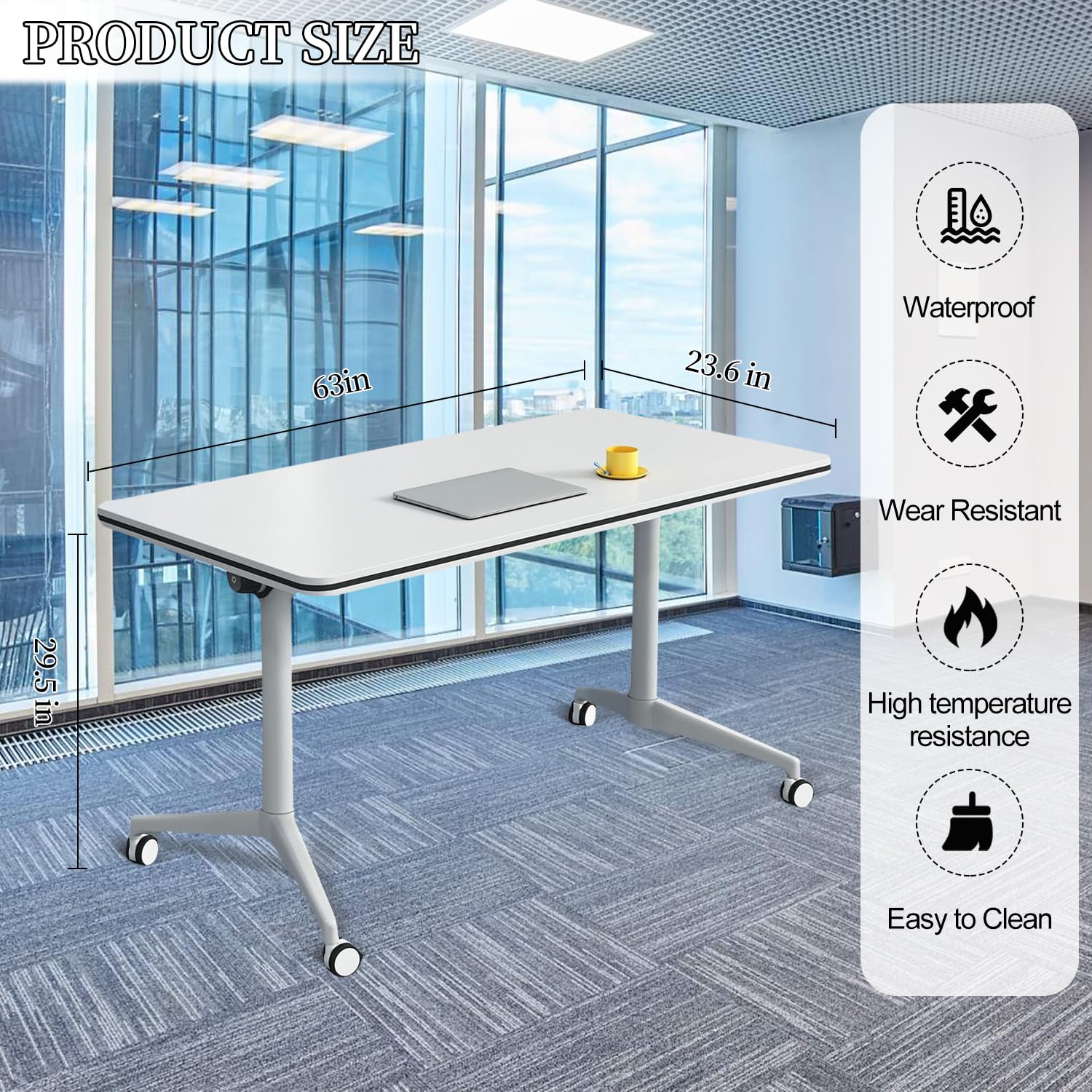 Scrivania pieghevole per formazione, tavolo mobile con piano ribaltabile, arredo versatile per sale conferenze, riunioni e workshop, design salvaspazio, facile da spostare e riporre.