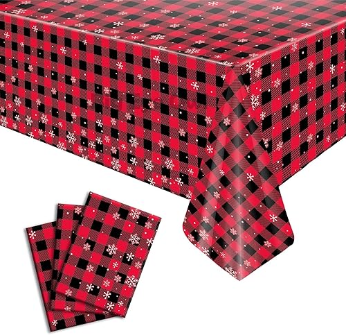 Miniatura 9 de Mantel de plástico a cuadros de búfalo rojo, diseño de copos de nieve, mantel de Navidad para fiesta de cumpleaños, rectangular, 54 x 108 pulgadas