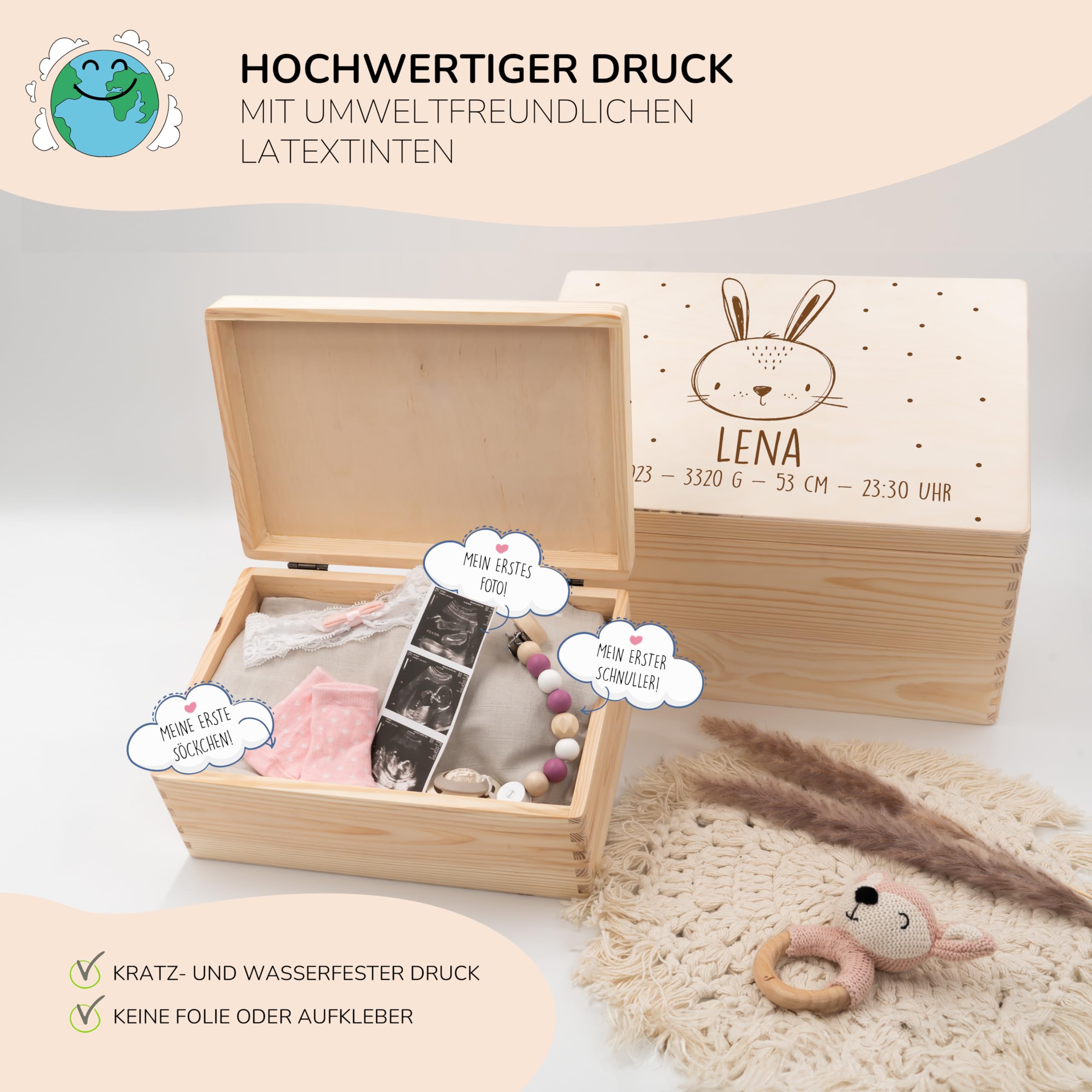 KIDSMOOD - Erinnerungsbox Baby, personalisierte Holzkiste mit Deckel, Ideal zur Aufbewahrung von Erinnerungen und als Geschenk zur Geburt, Taufe oder als Geburtstagsgeschenk für Mädchen und Jungen