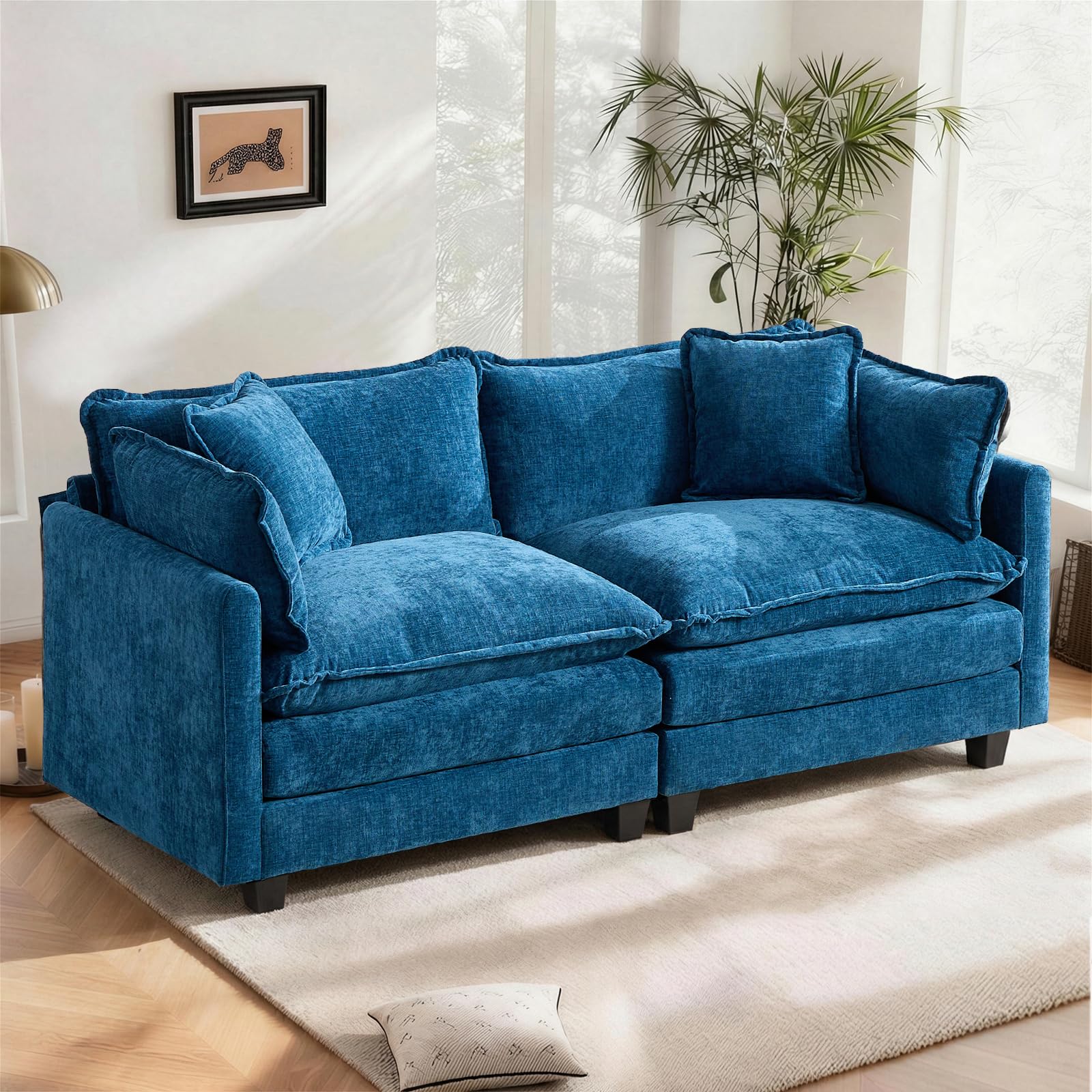 SoarFlash Canapé modulable 2 Places 198 cm, Chenille Bleue, Double Coussins | Tissu doux, résistant et respirant, fourni avec coussins et accoudoirs. Idéal pour salon, chambre et appartement.