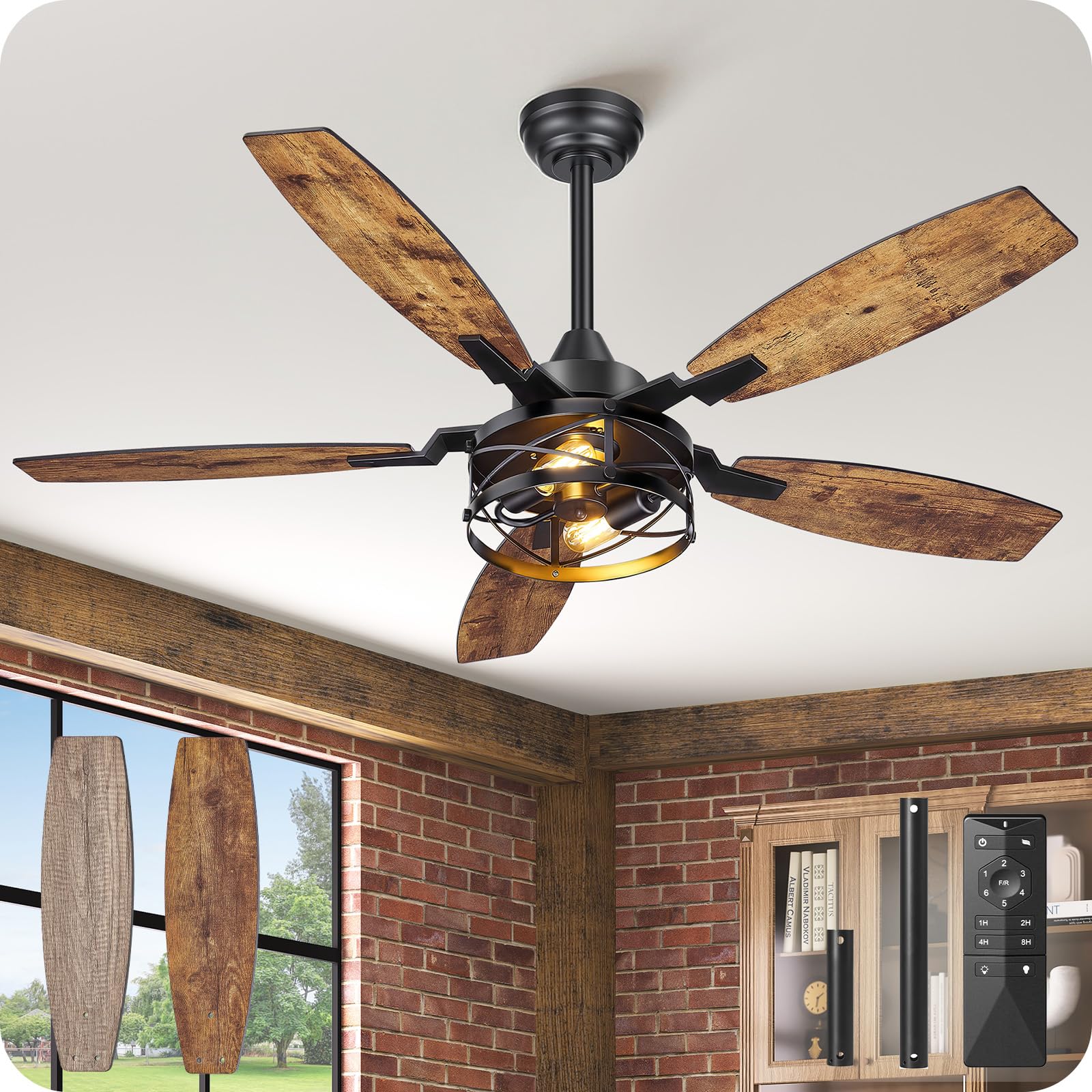 50 Inch Farmhouse Ceiling Fan with Lights and Remote, Timer, Dual Finish 5 Blades (Rustic Brown and Oak), 6 Speeds, Reversible DC Motor, Rustic &amp; Industrial Caged Ceiling Fan for Bedroom FB04CF05