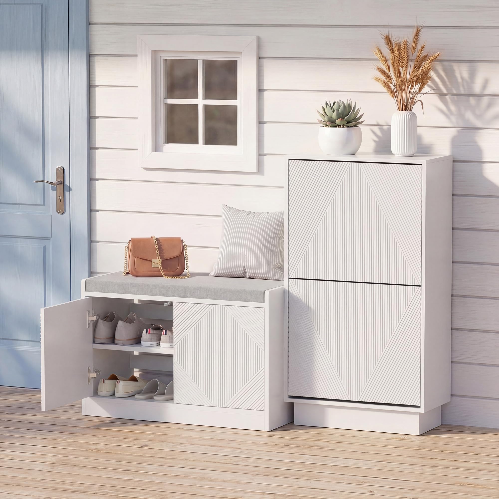 UEV Sitzbank mit Klappe, Sitzhocker mit Stauraum,Sitztruhe mit Sitzkissen,Schuhregal Schuhablage Schuhschrank für Wohnzimmer Schlafzimmer Flur (Weiß)