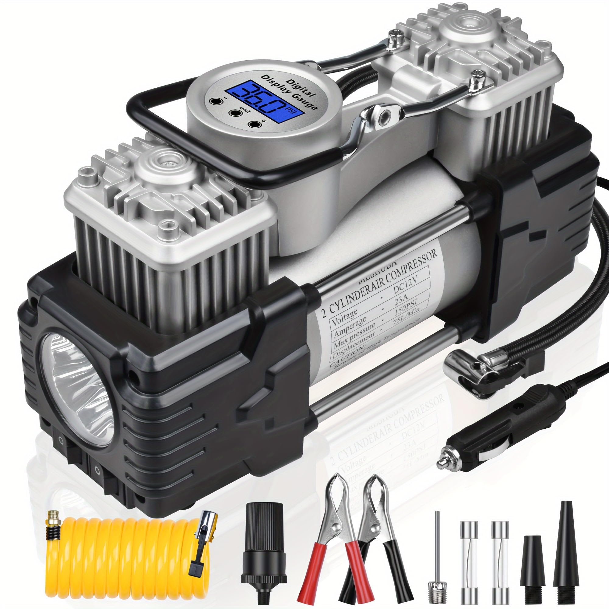 Photo 1 of MESHUBA Dual Cylinder Tire Inflator Air Compressor, 150 PSI 12V DC Portable Air Pump with Digital Display, LED Flashlight, Auto Shut-Off, Heavy Duty for Truck, SUV, Car, RV (SILIVER)