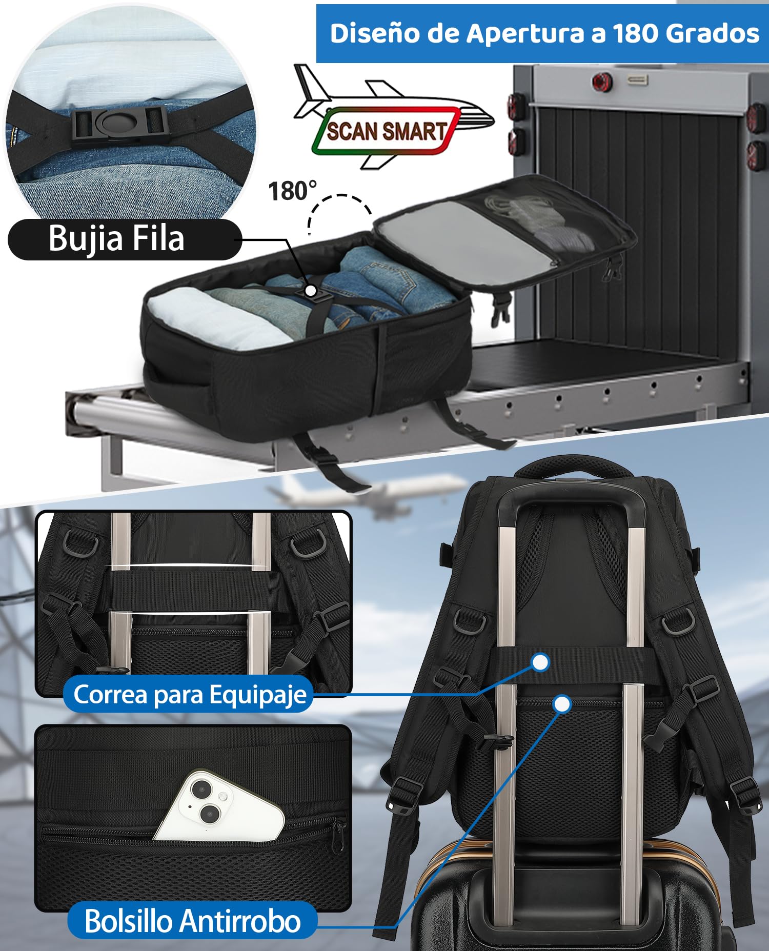 KLOSTAIN Mochila Viaje Cabina Avion 40x20x25 para Ryanair 20L Mochila Cabina Equipaje de Mano Bolso Viaje Hombre Mujer Mochilas para Portatil de 14 Pulgadas Mochila de Trabajo Escuela Negro