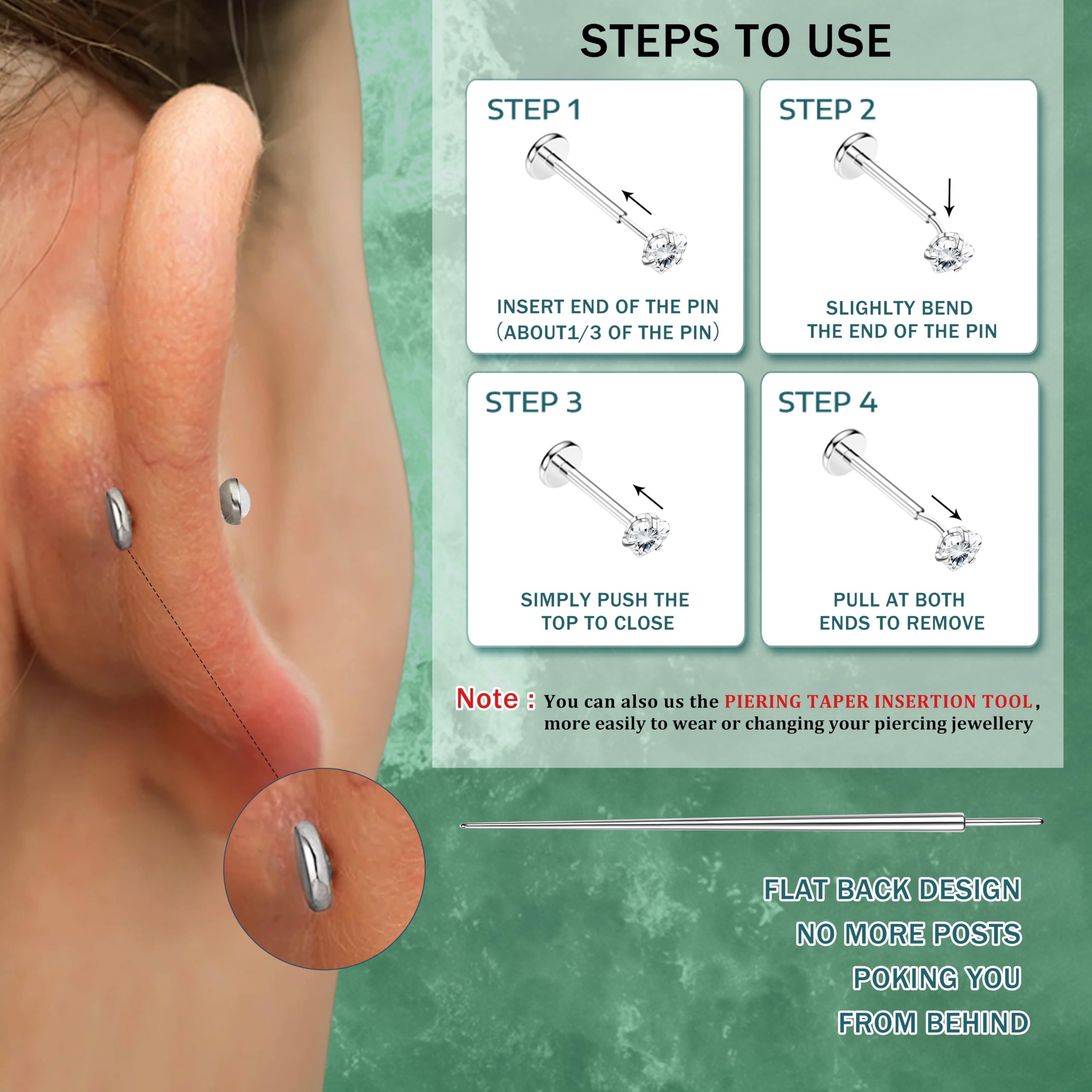 HHRFCS 12 sztuk Helix Piercing Biżuteria Stal chirurgiczna Push in Flat Back Helix Kolczyk Bezgwintowe szpilki do nosa Muszla Chrząstka Tragus Labret Piercing Biżuteria