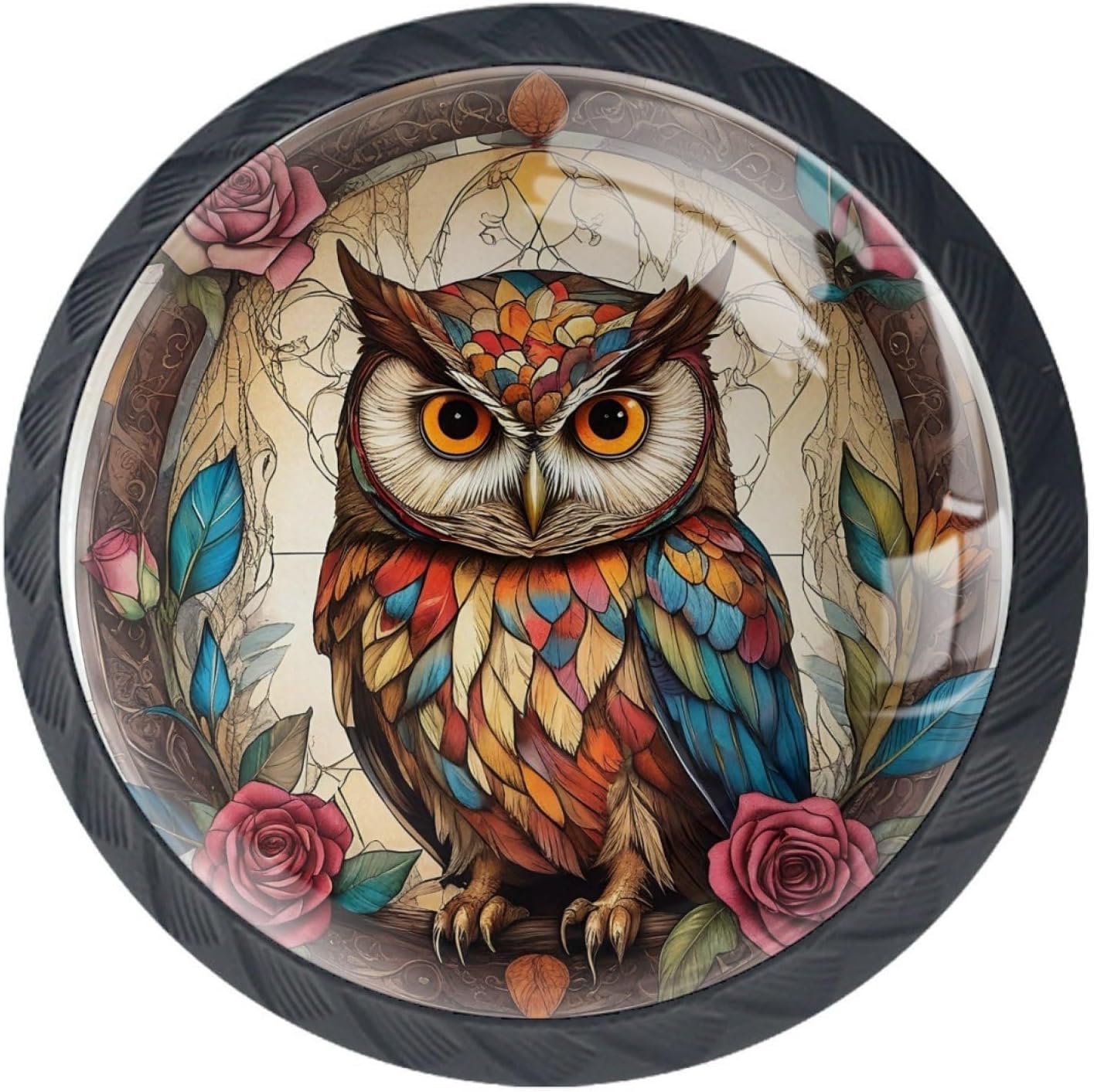 Vintage Owl and Rose Flowers Kitchen Cabinet Knobs, 4 Pack Dresser Drawer Pulls Handle, Round Crystal Glass Single Hole with Screws, Black Drawer Cupboard Door Hardware