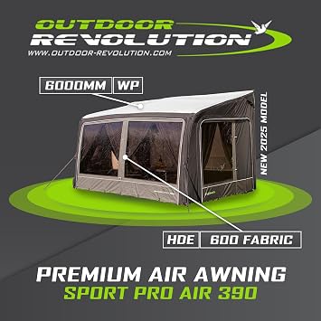 Outdoor Revolution Sport Pro Air 390 Premium Inflatable Caravan Awning, 600HD High Density Fabric, 6000mm Waterproof, Air Frame