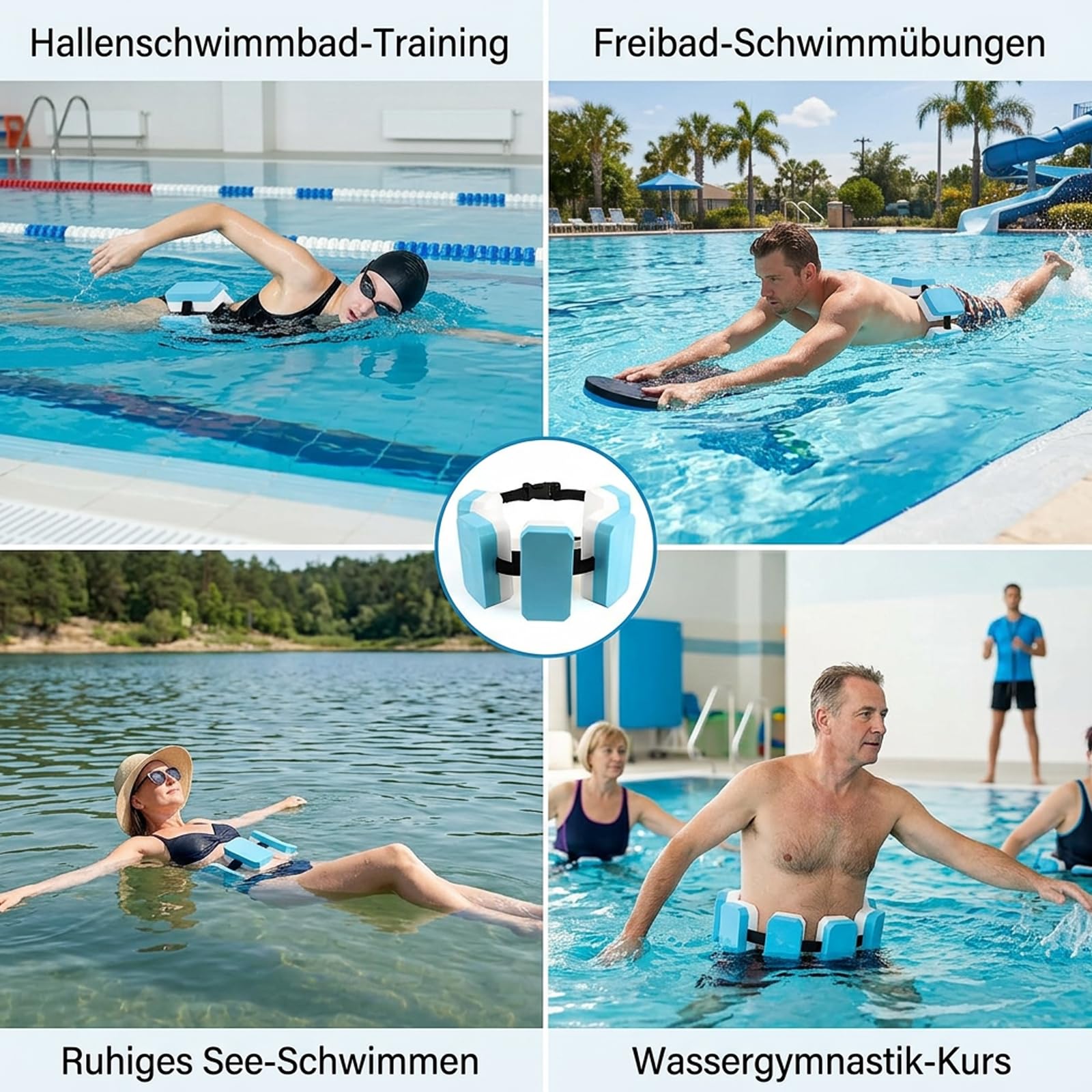 1 Stück Schwimmgürtel, Verstellbare Schwimmhilfe für Erwachsene, 5 Eva Schwimmkissen, Blaue und Weiße Schwimmgürtel, Ideal für Schwimmunterricht und Freizeitaktivitäten im Wasser