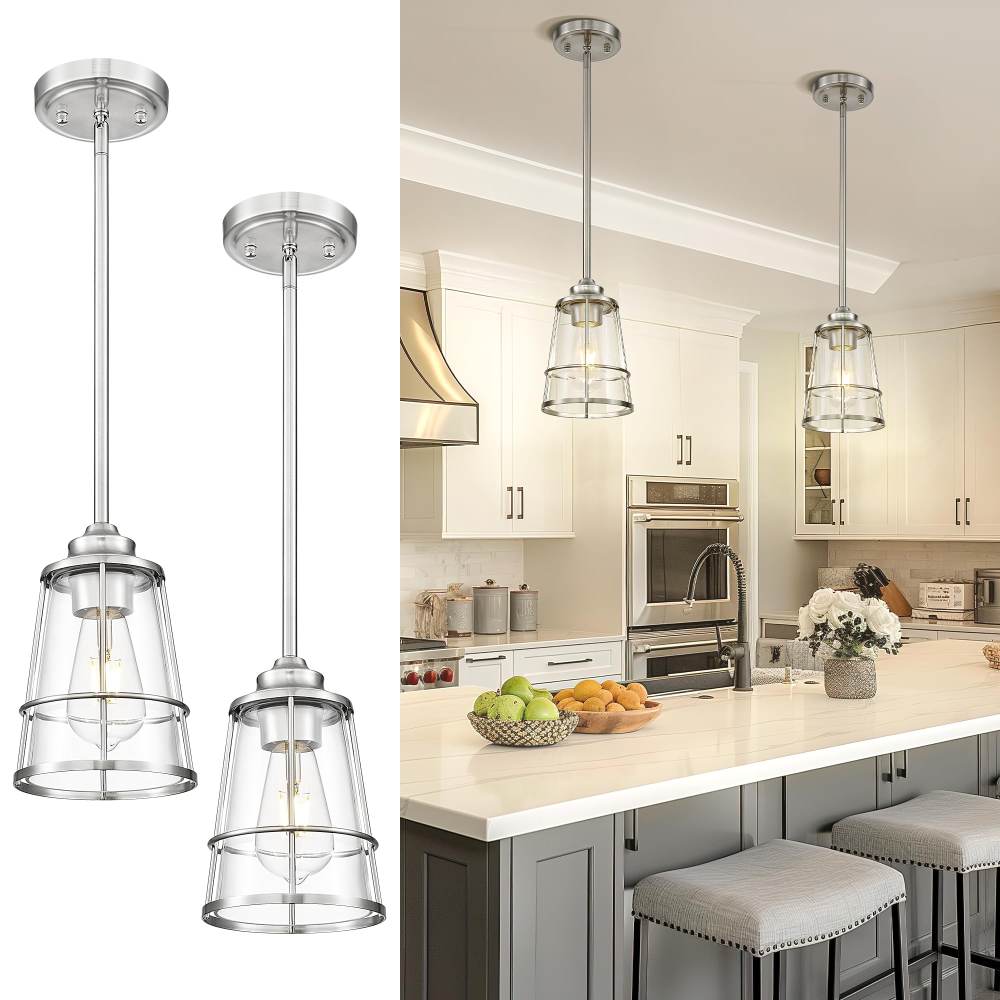 JAZAVA Brushed Nickel Pendant Lights, Cage Hanging Light Fixtures