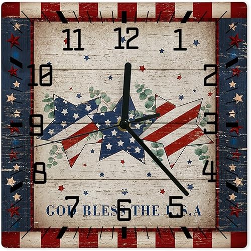 Reloj de pared silencioso sin tictac, reloj de pared cuadrado de 10 pulgadas, funciona con pilas, reloj de pared vintage con bandera estadounidense
