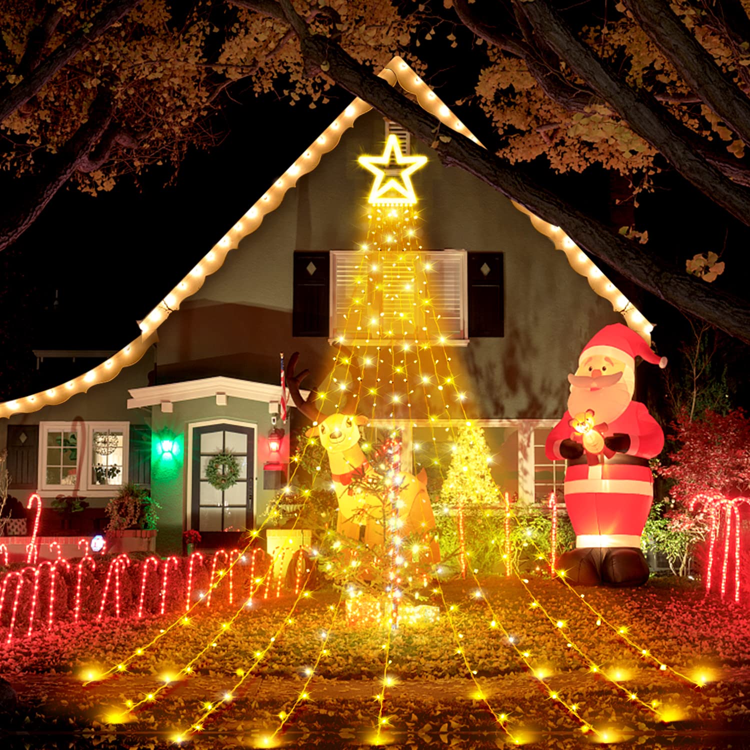 Photo 1 of 2 item bundle
-Vangue Christmas Lights Outdoor, 344LEDs Waterfall Lights with 8 Lighting Modes, Top Star with 11.5ft x 9 Strands Outside Decoration Lights for Christmas Garden New Year Holiday(Warm White)
-Xmas Ball Ornaments