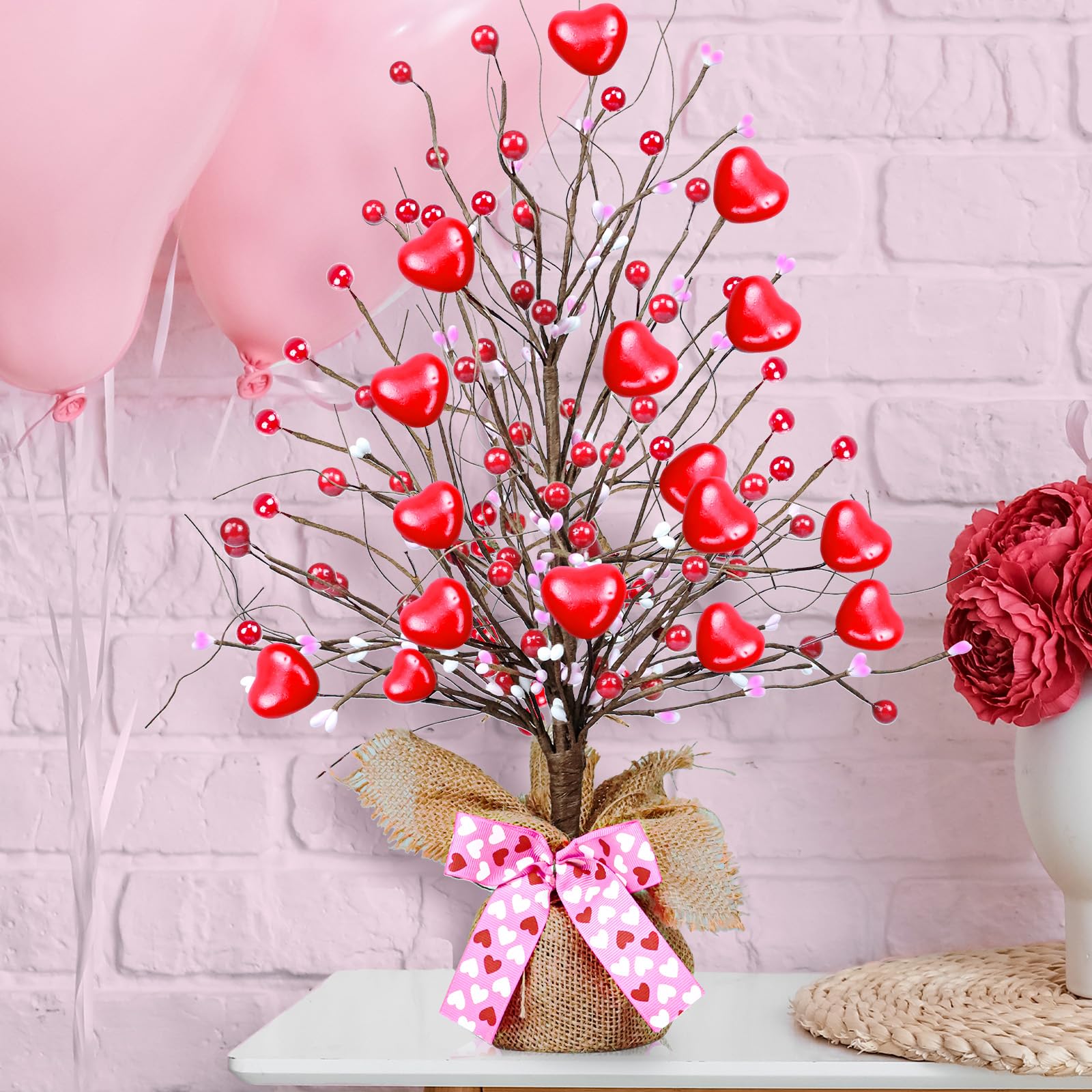 Kenburg 20”H Valentine’s Day Artificial Tree Table Decor, Red Berry Heart Rattan Balls Tree Table Centerpiece, Burlap Base Farmhouse Artificial Plants for Holiday Festival Valentines Home Decoration
