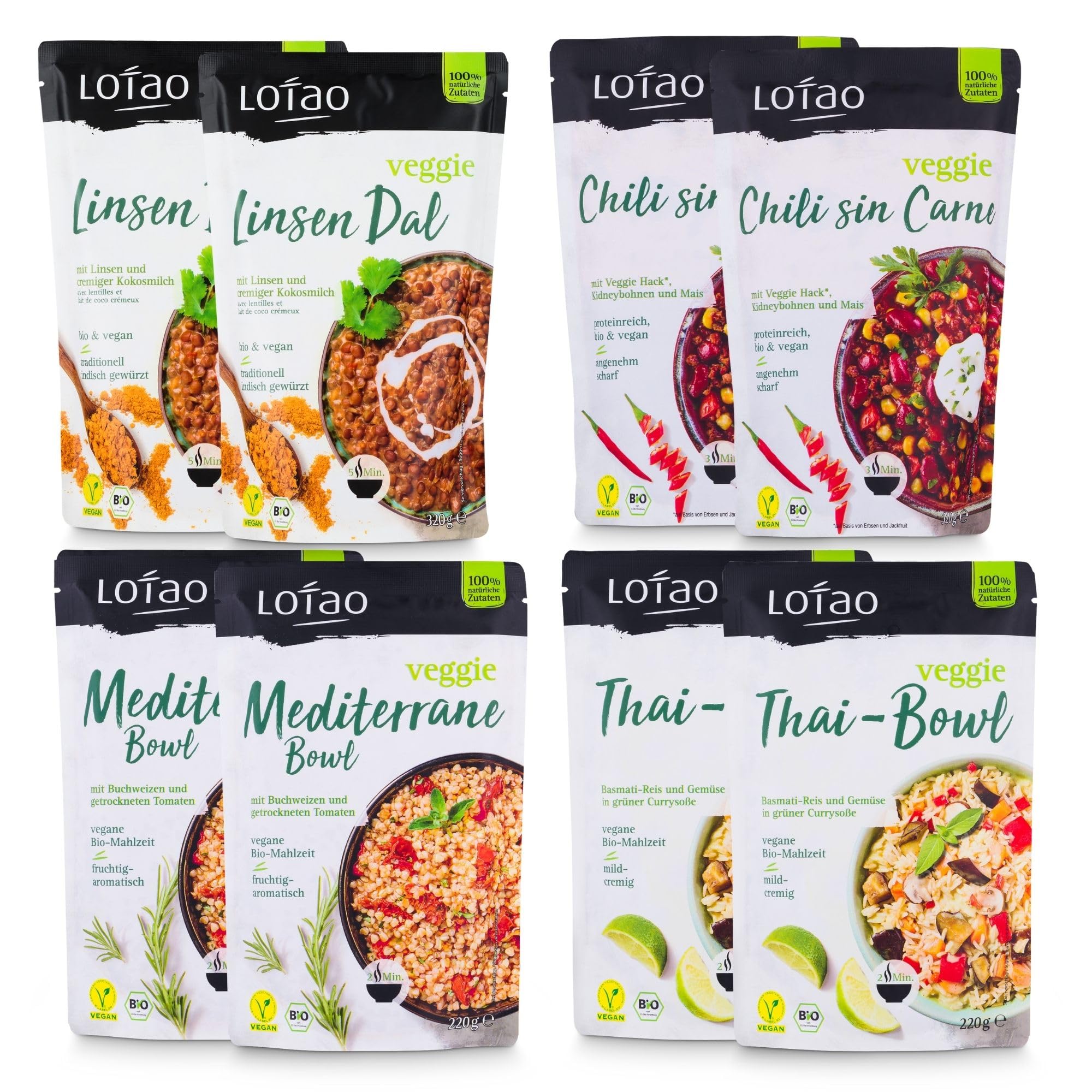LOTAO Vegane Fertiggerichte - Bowl Box: 8 BIO-Gerichte ohne Zusätze und Soja | Schnell und praktisch: Fertigessen für Mikrowelle und Pfanne | Vegane Lebensmittel in Geschenkbox