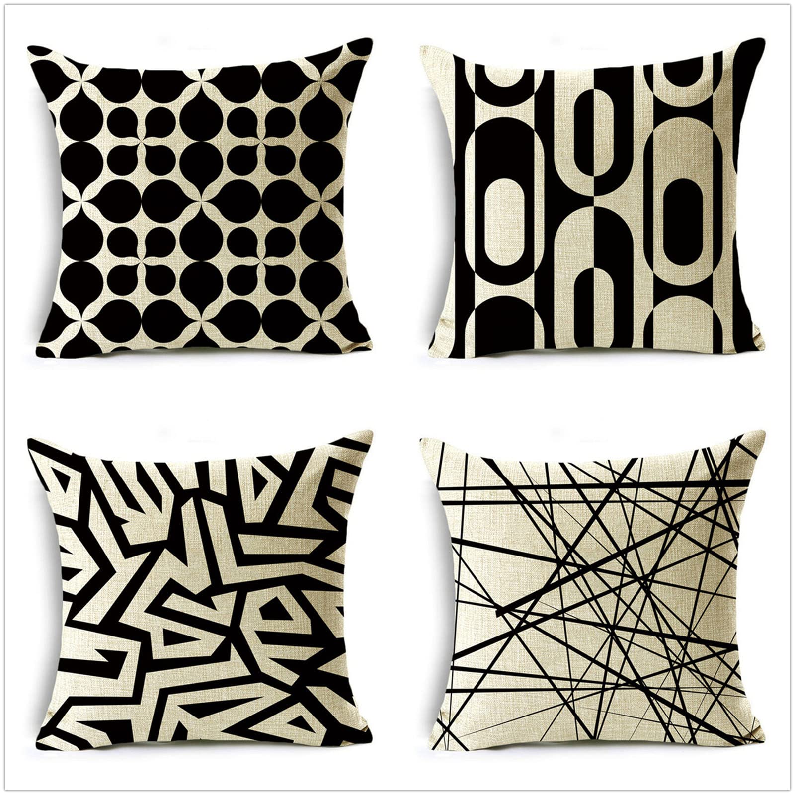 Czarno-białe geometryczne poszewki na poduszki 70 x 70 cm / 28 x 28 cali, lniana kwadratowa poszewka na poduszkę dwustronny nadruk z ukrytym zamkiem błyskawicznym Zestaw 4 poszewek na poduszki do ogrodu na zewnątrz na sofę do domu wiejskiego wystrój