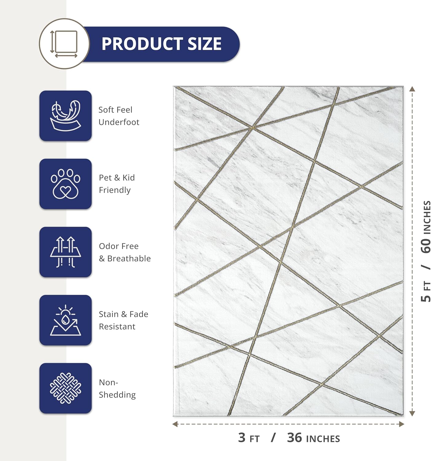Abani Luna LUN150A Contemporary Marble Gold Lines Area Rug 3' x 5'