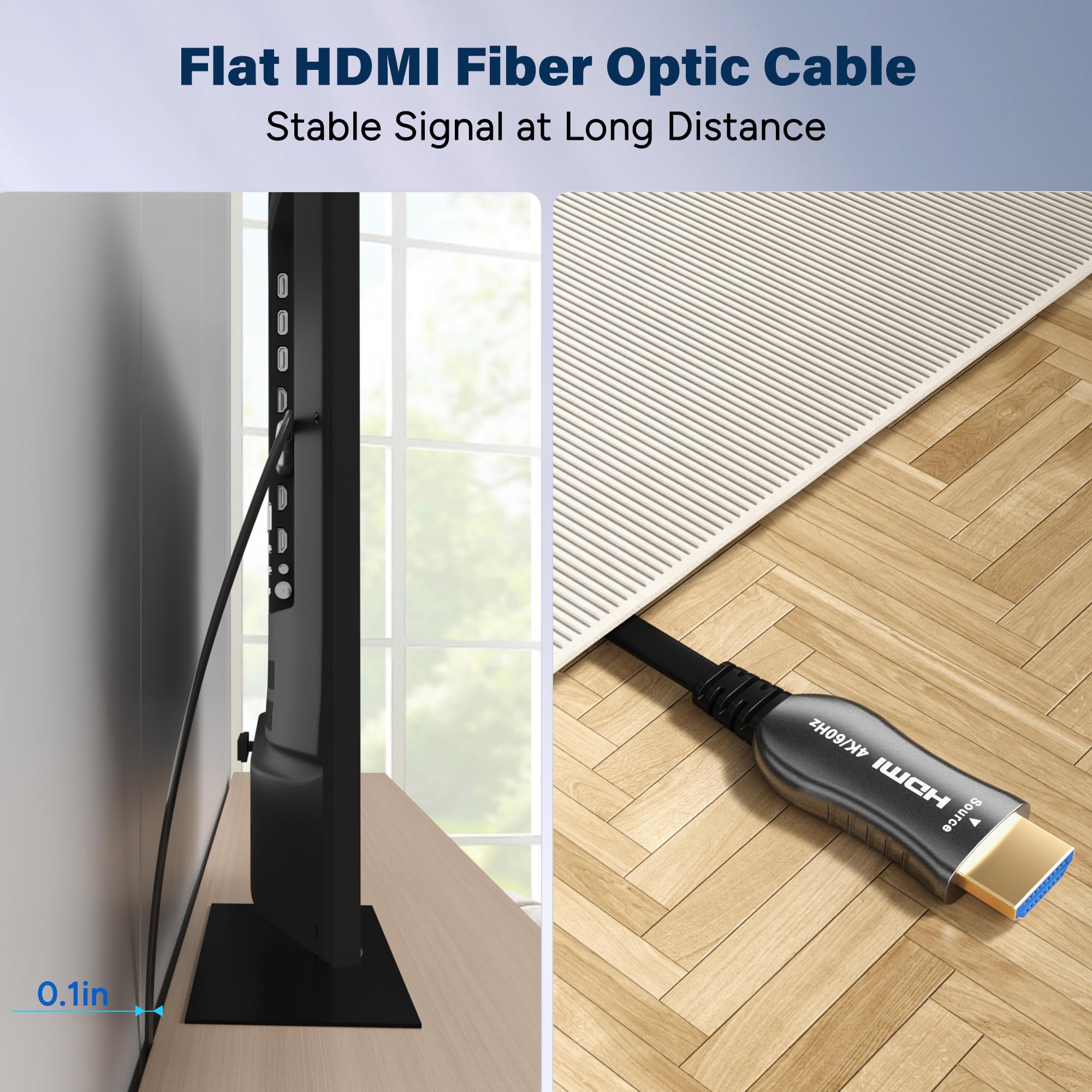 Cavo HDMI 4K 100 FT, cavo HDMI a fibra ottica piatto, unidirezionale, 18 | Ultra HD, supporta 4K a 60Hz, 4:4:4 RGB, HDCP 2.2, 3D ARC, HDR10, Dolby Vision, guscio in lega di zinco, sottile