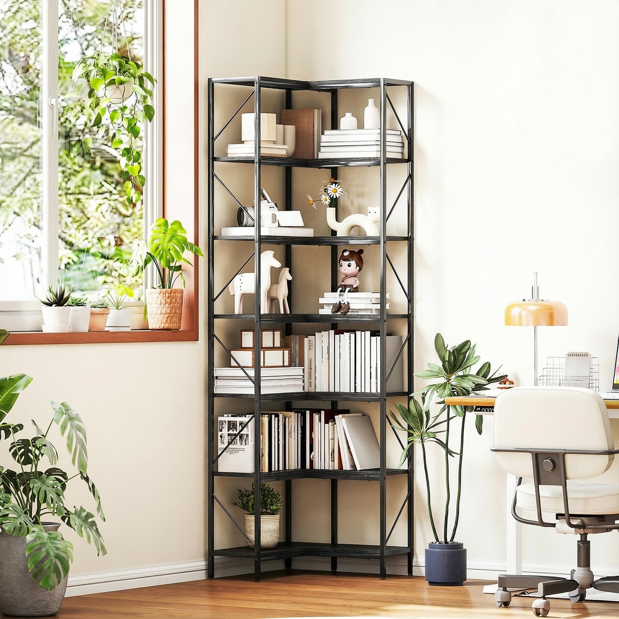 HOMCOM Libreria ad Angolo a 7 Ripiani 60x60x198 cm Nero | Libreria Angolare, Scaffale Salvaspazio Slim, Scaffale Portaoggetti Industriale, per Soggiorno, Camera da Letto, Ufficio