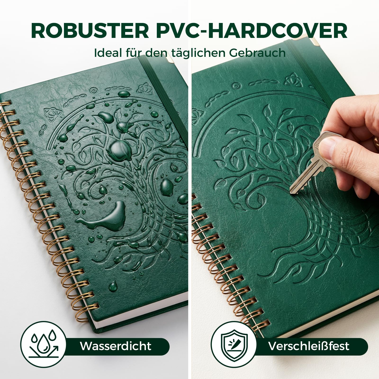 HAKACC Notatnik A4 w linie, 150 kartek/300 stron, spirala w szlachetnej imitacji skóry, twarda okładka, gramatura 80 g/m², trwały papier dla kobiet, mężczyzn, do pracy, biura, szkoły, 21 x 28 cm,