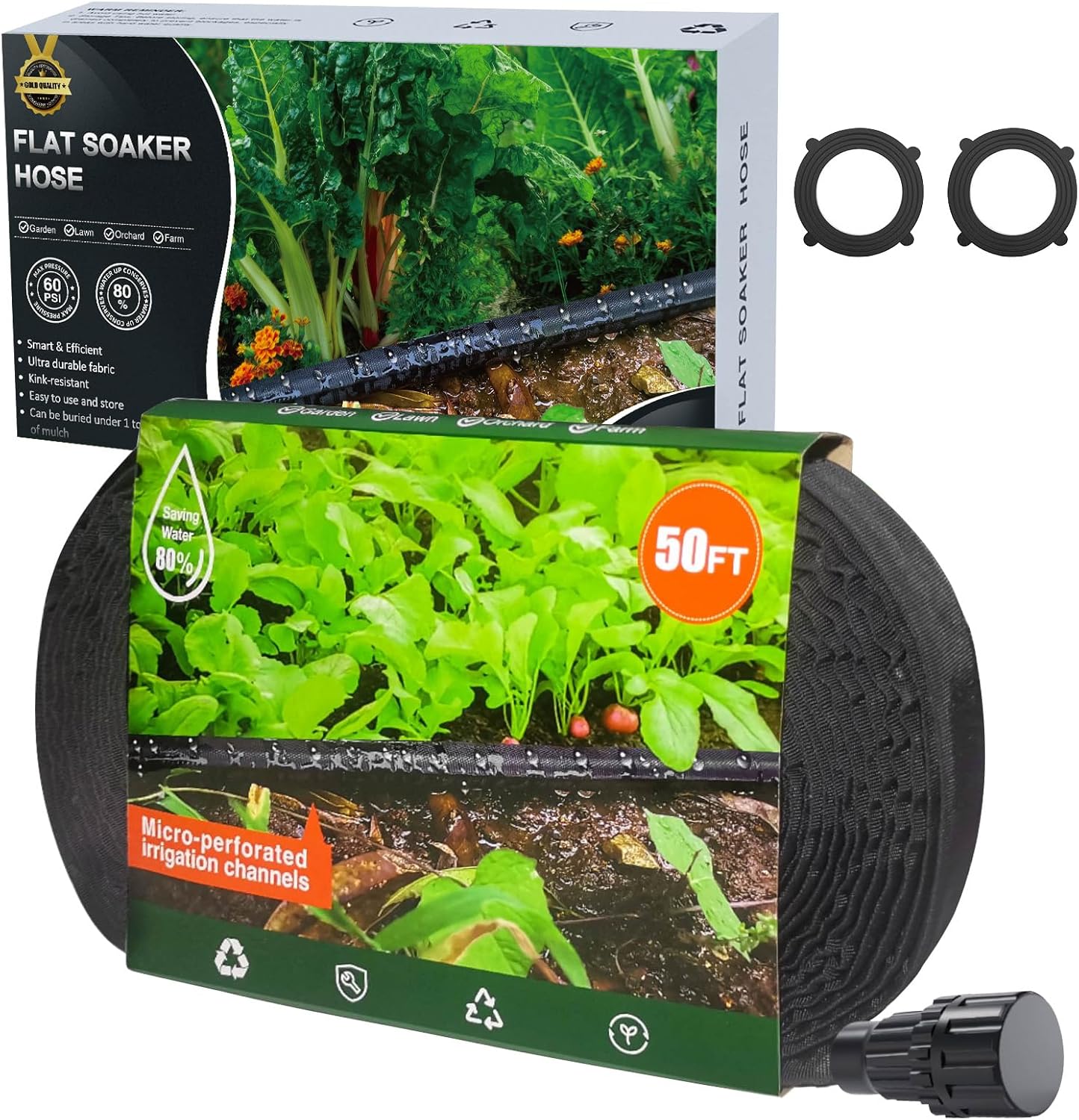 Soaker Hose (50ft) — Flat Garden Hoses, Drip Irrigation Hose for Garden Beds — Water Hose with Holes for Flower Beds, Saves 80% Water