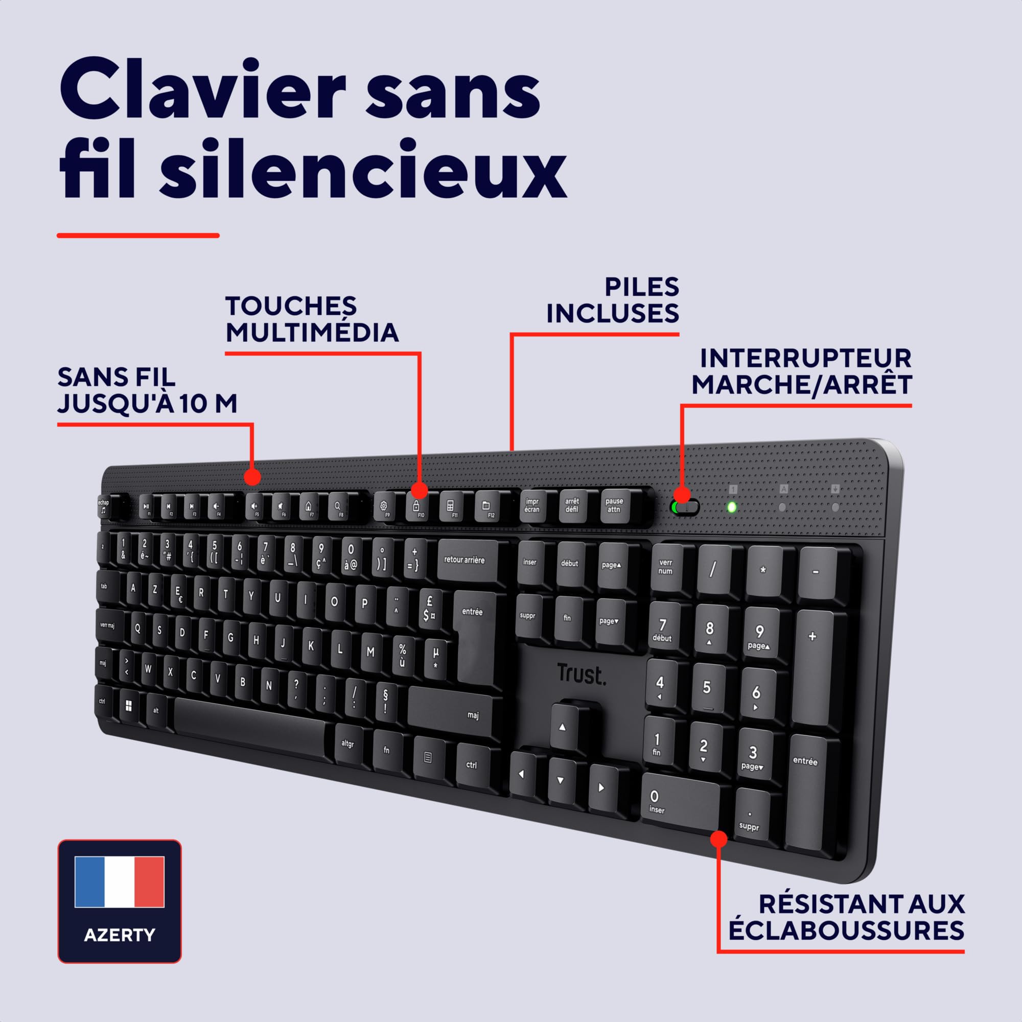 Clavier sans Fil Silencieux AZERTY Français Trust ODY II, Touches Plates Flottantes, Résistant aux Éclaboussures, Récepteur USB RF 2.4GHz, Noir