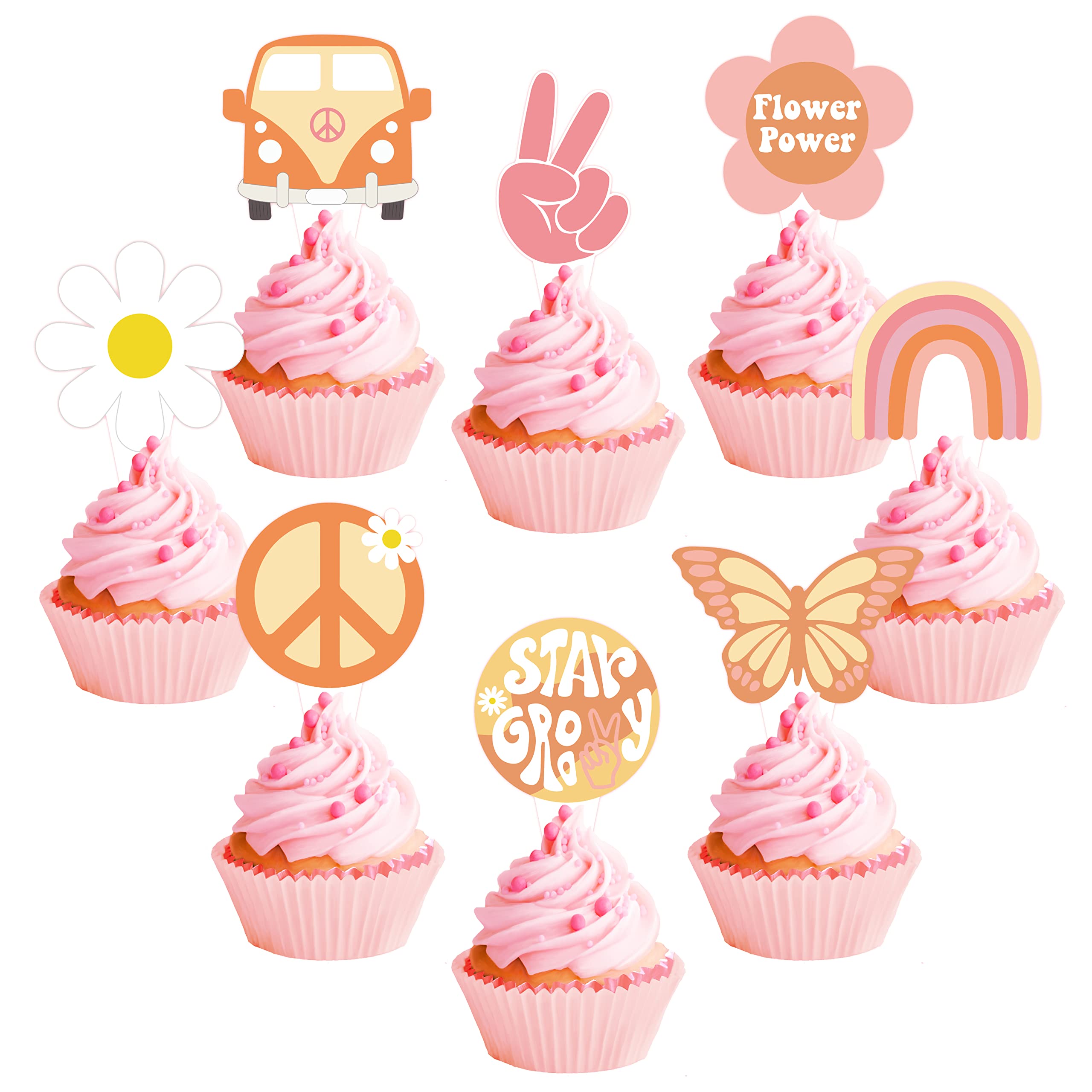A1diee 48Pcs Groovy Retro Hippie Cupcake Toppers Daisy Flower Power Butterfly Bus Peace Sign Star Groovy Cake Decoration Rainbow Boho Cup Cake Paper Toppers Party Supplies for Birthday Baby Shower