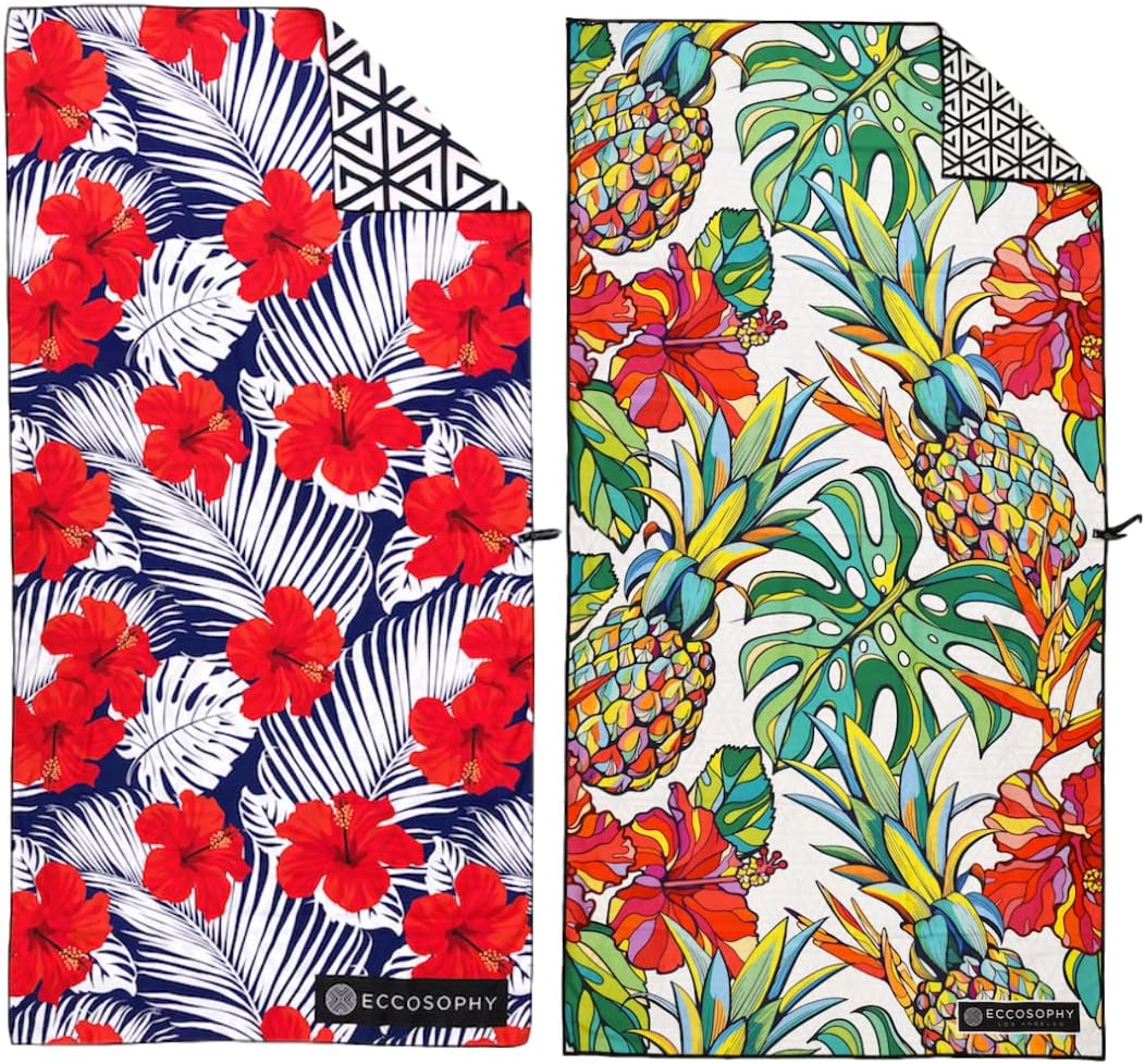 ECCOSOPHY Bundle of 2 Large 71x35 inch Microfiber Beach Towels with Travel Pouch. Designed to Keep You Sand Free and Comfortable.