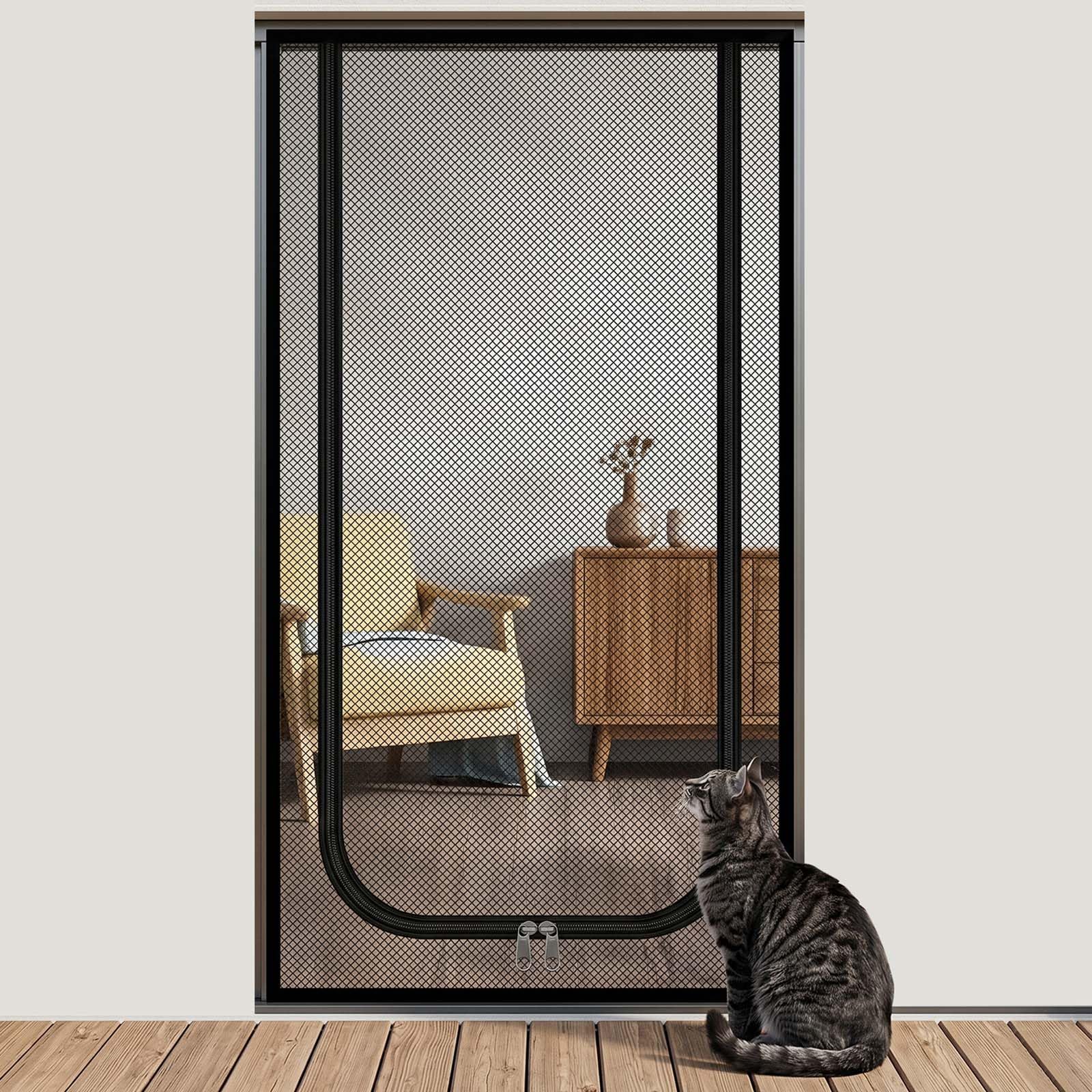 Siatka dla kota na drzwi balkonowe, 90 x 200 cm, moskitiera z zamkiem błyskawicznym, ochrona przed kotami, drzwi z wzmocnionej siatki nano, ochrona przed owadami na balkon i taras, szaro-czarna