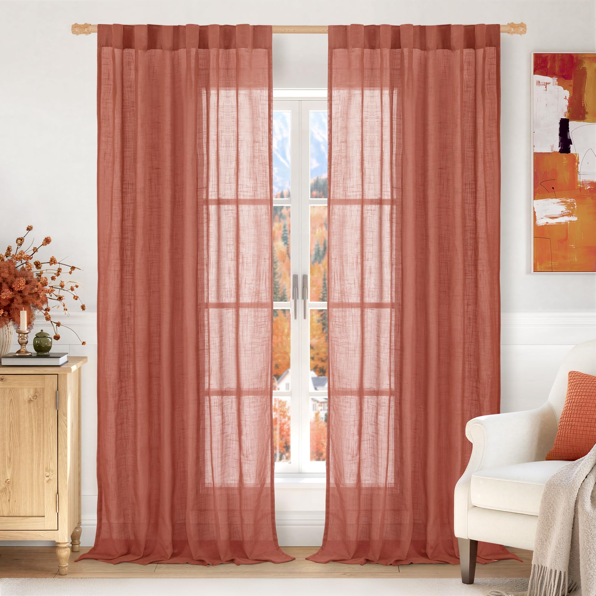LAMIT Natural Linen Semi Sheer Curtains 84 Inches Long 2 Panels, Living Room Linen Textured Light Filtering Drapes Back Tab and Rod Pocket Neutral Window Panels for Bedroom/Sliding Door, 52 x 84 Inch — view 11