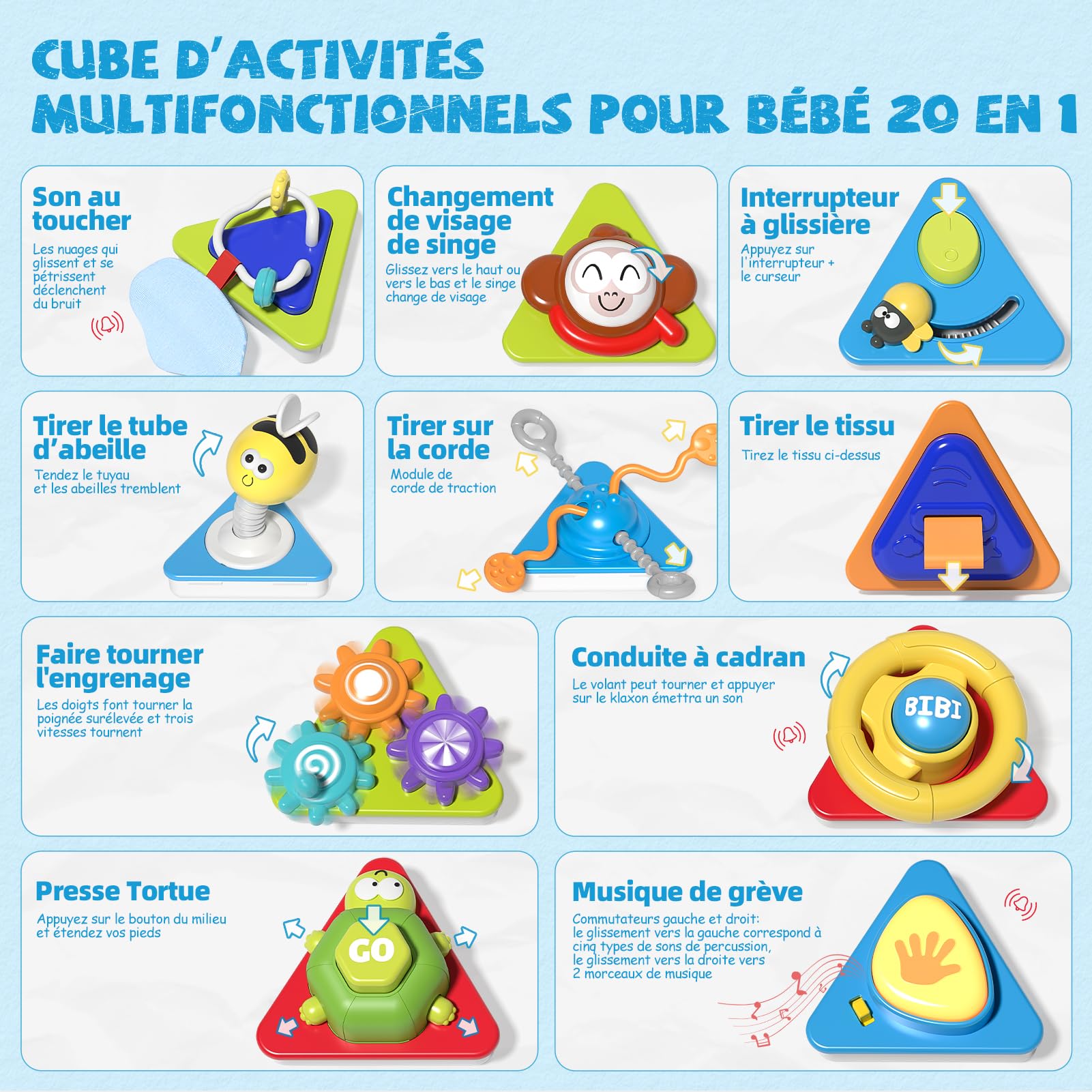 Jouet Cube d'Activité 20 en 1 Montessori Sensoriel de Voyage pour Enfants 1-3 Ans