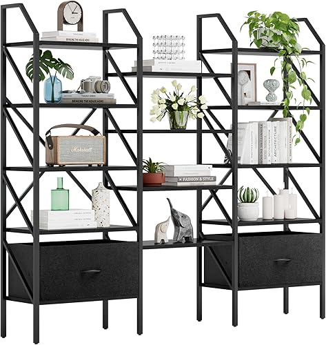 VICTONE Estantería triple de 5 niveles con cajones, estantería ancha con 14 estantes de almacenamiento abiertos, estante grande para libros para el