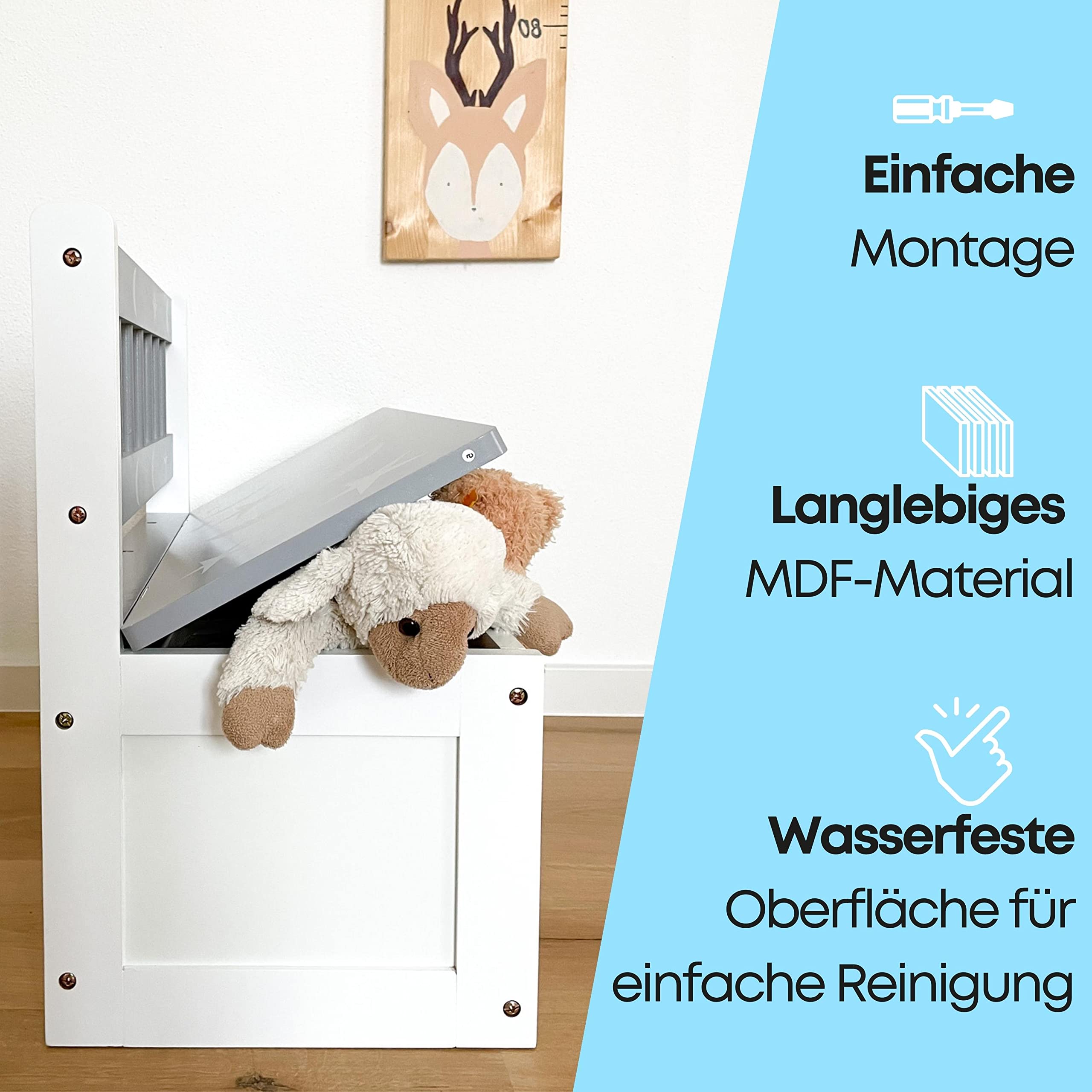 Schauer Kindersitzbank mit Stauraum aus Nadelholz - Spielzeugtruhe mit Sternenmuster 60 x 50 x 30 cm - Sitzbank/Sitztruhe für Kinderzimmer Aufbewahrung Ordnung grau/weiß