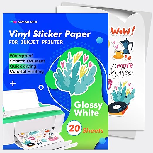20 Glossy Sticker Paper for Inkjet Printer- Waterproof Paper Printable Vinyl White Decal Sheets A4 - Holds Ink Beautifully & Dries Quickly