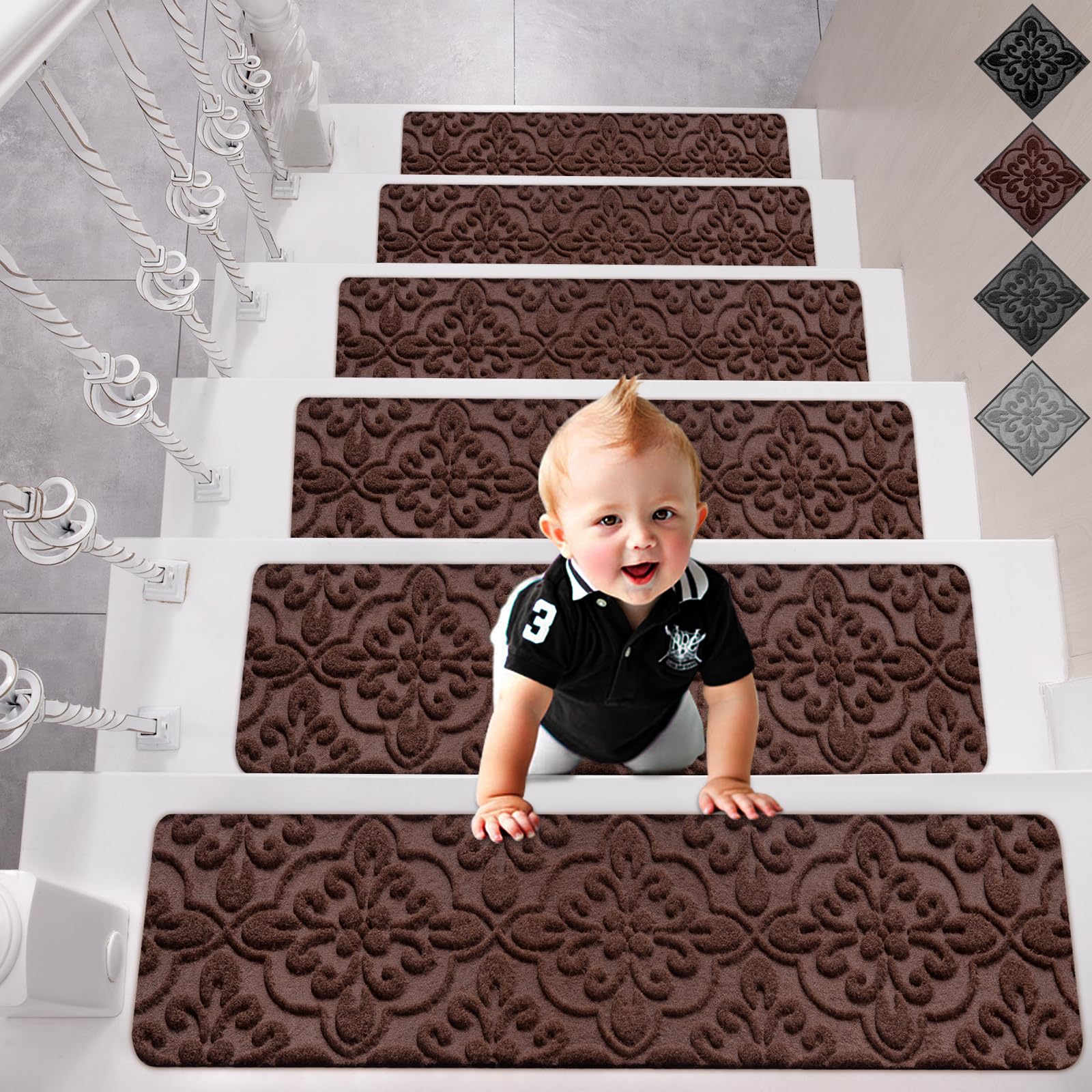 Spurtar Stair Treads for Wooden Steps Indoor 15 Pack 30" x 8" Stair Runners for Wooden Steps Carpet for Stairs, Damask Elegant Palace Non Slip Stair Self Adhesive Grips Stair Pads, Brown