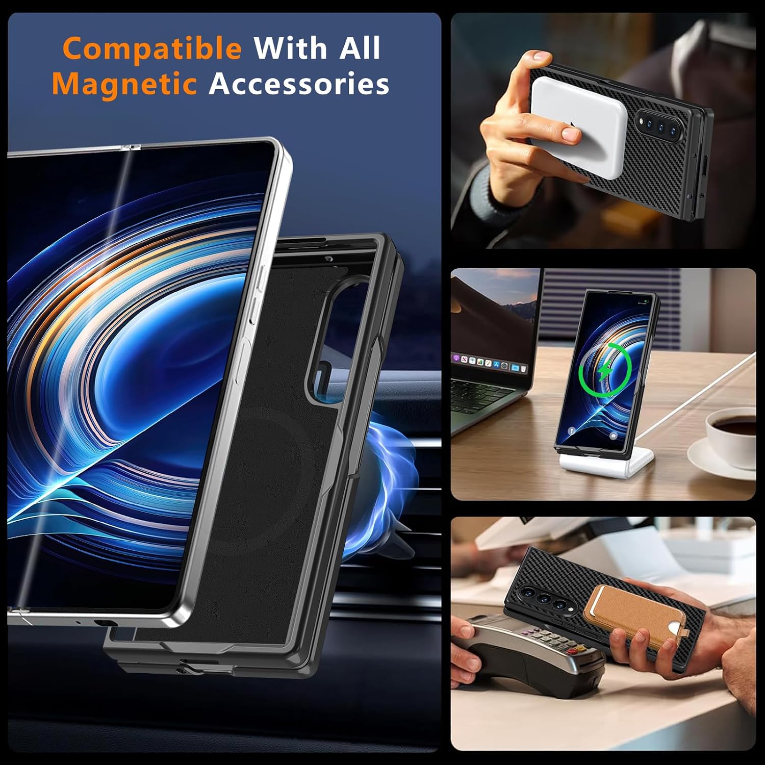 Magnetic for Samsung Galaxy Z Fold4 Case with Carbon Fiber Texture Design,Wireless Charging [PC] Military-Grade Shockproof case Cover for Z Fold 4[Black] MUS-TQCX-02-06