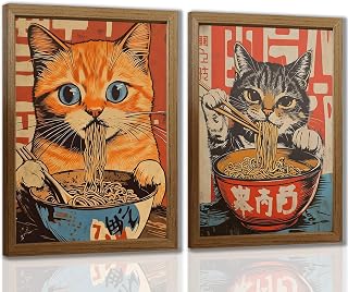 Funny Ramen Cat Wall Art Set of 2 Framed, Asian Style Cat Eating Noodles Wooden Frame Canvas Prints, Ready to Hang Cat Wall Decor for Kitchen Dining Room Living Room, 16x12 Inch