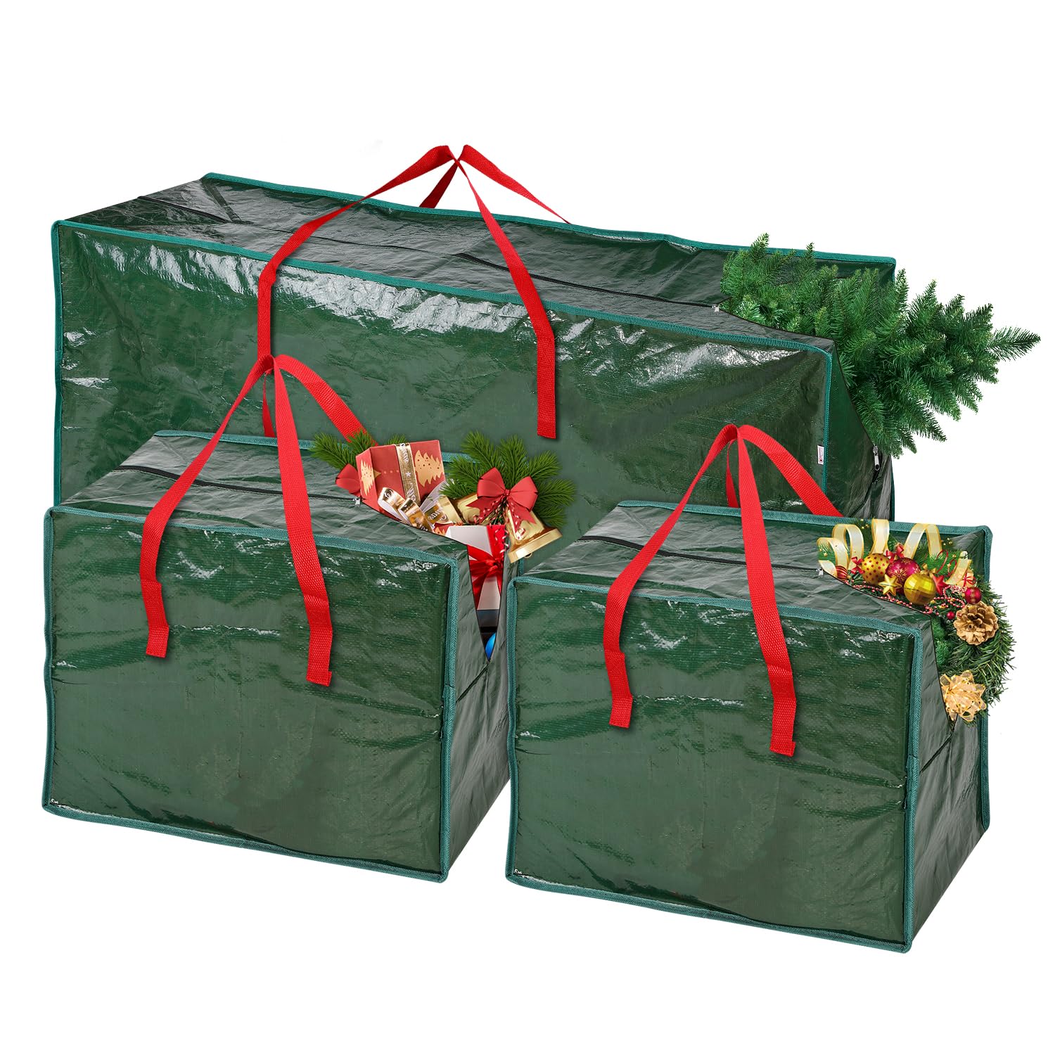 Vinsani Green 3Pcs Extra Large Christmas Xmas Tree Decoration Storage Bags Waterproof Durable Zip Bag Xmas Accessories Décor Ornaments Baubles Tinsels Lights Organiser With Handles Prevents Moisture & Dust