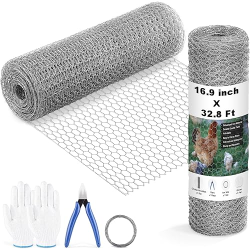 Chicken Wire Fencing Mesh 16.9 Inch x 32.8 Ft, 0.6 Inch Hexagonal Galvanized Floral Chicken Wire Fence for Crafts Garden Poultry, Metal Hardware Cloth Netting for Chicken Coops Rabbit Rodent Cage